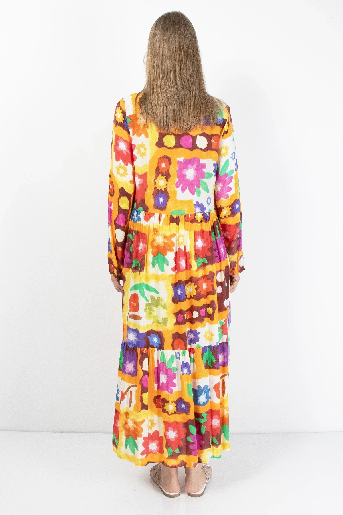 Rengarenk Çiçek Desenli Kadın Midi Elbise Viskon Kumaş