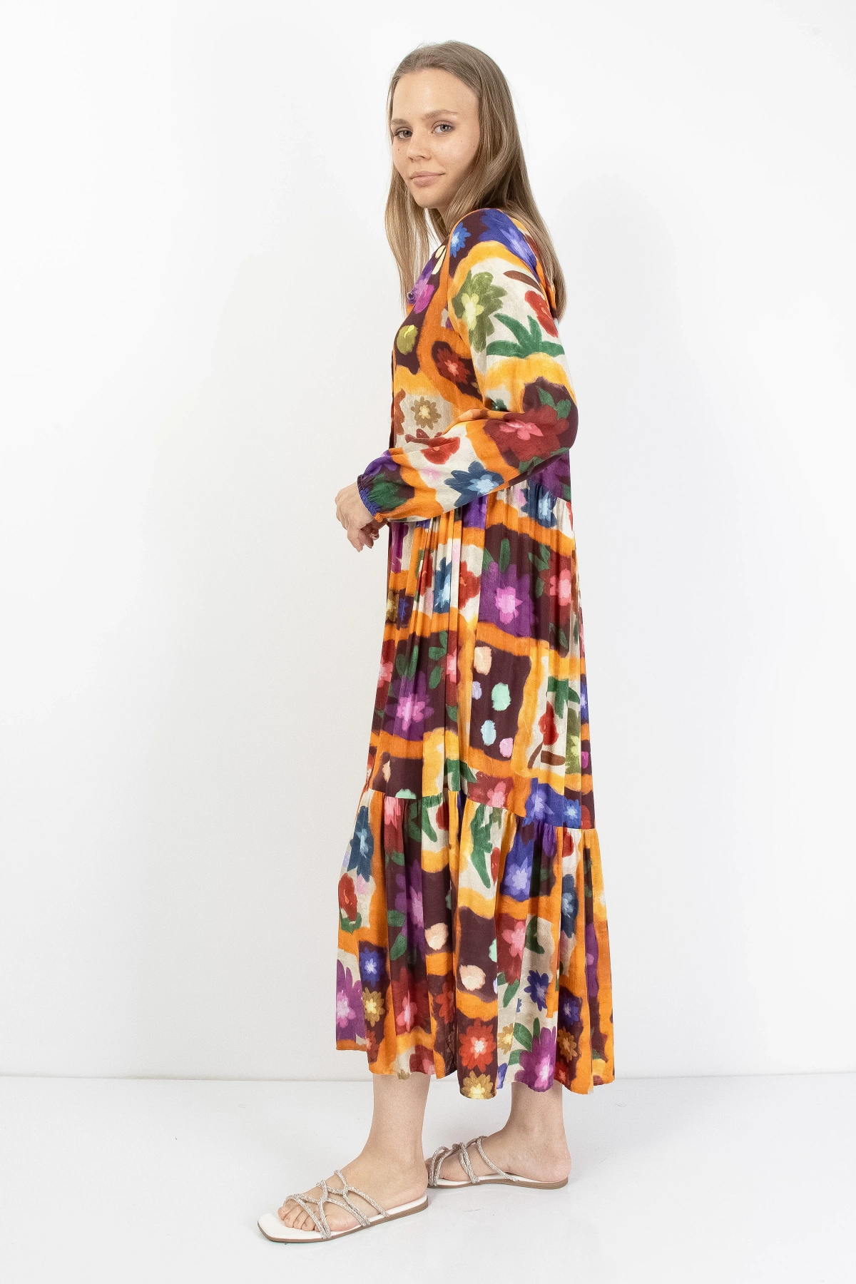 Floral Desenli Şifon Midi Elbise Kadın Yazlık