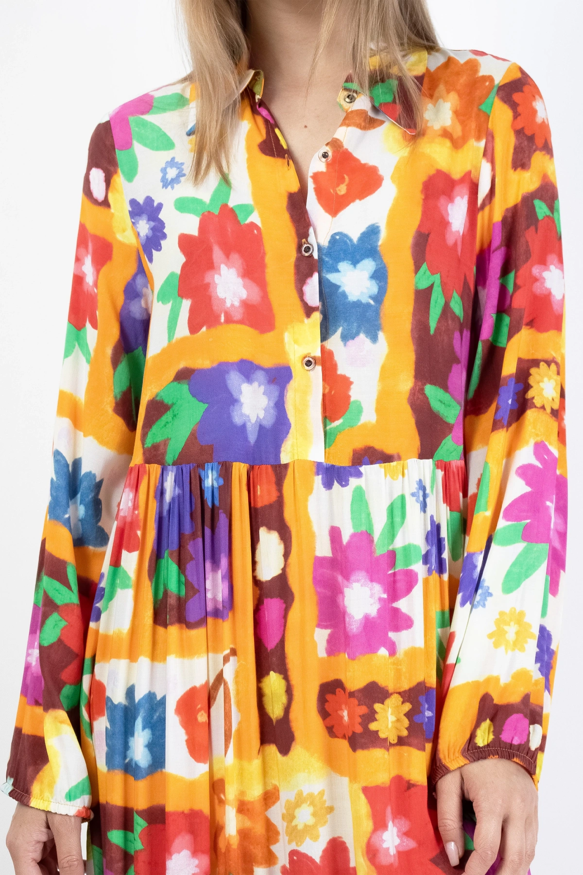 Rengarenk Çiçek Desenli Kadın Midi Elbise Viskon Kumaş