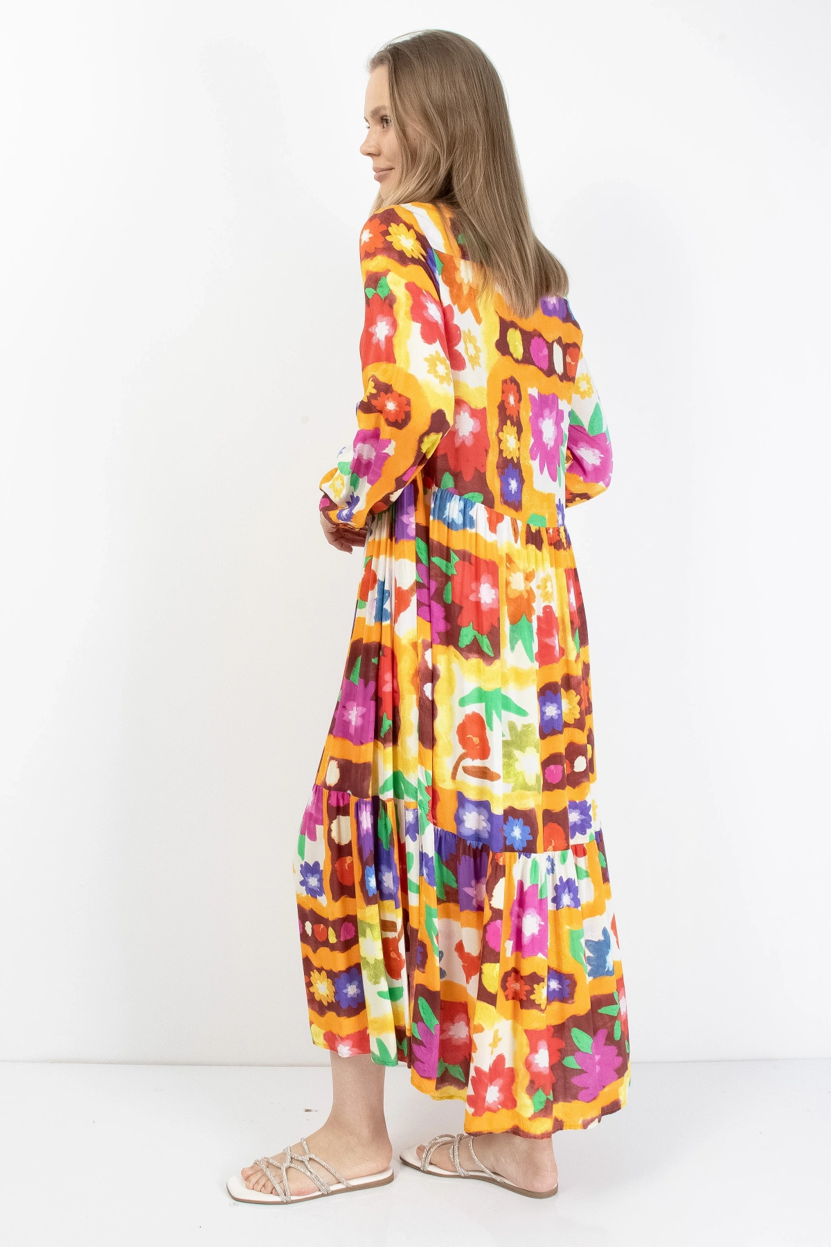 Rengarenk Çiçek Desenli Kadın Midi Elbise Viskon Kumaş