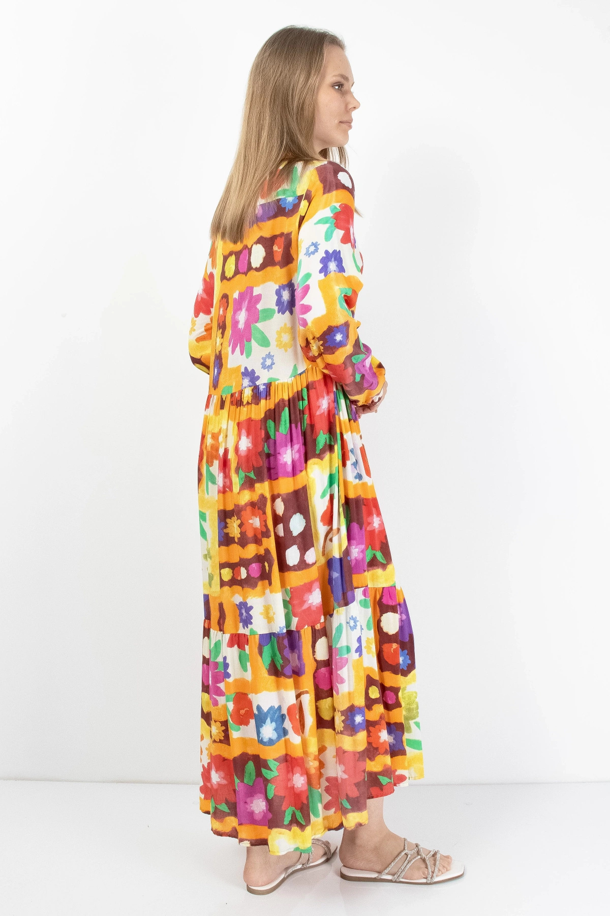 Rengarenk Çiçek Desenli Kadın Midi Elbise Viskon Kumaş