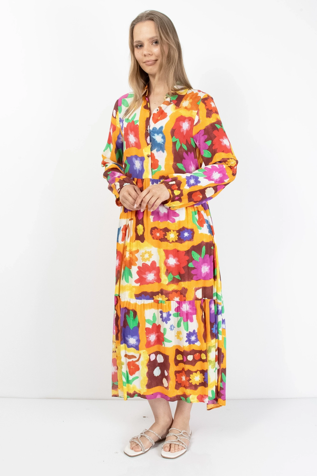 Rengarenk Çiçek Desenli Kadın Midi Elbise Viskon Kumaş