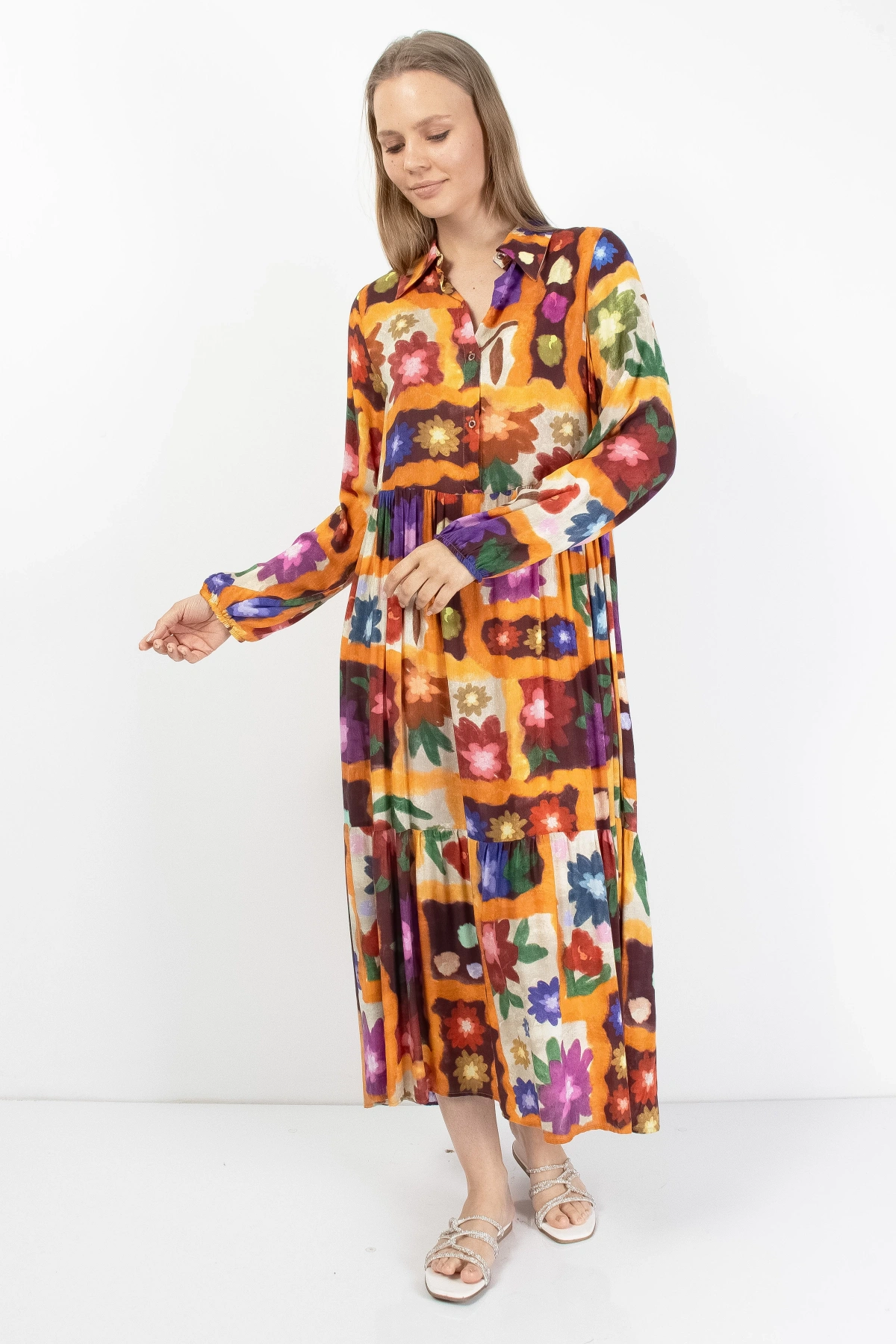 Floral Desenli Şifon Midi Elbise Kadın Yazlık