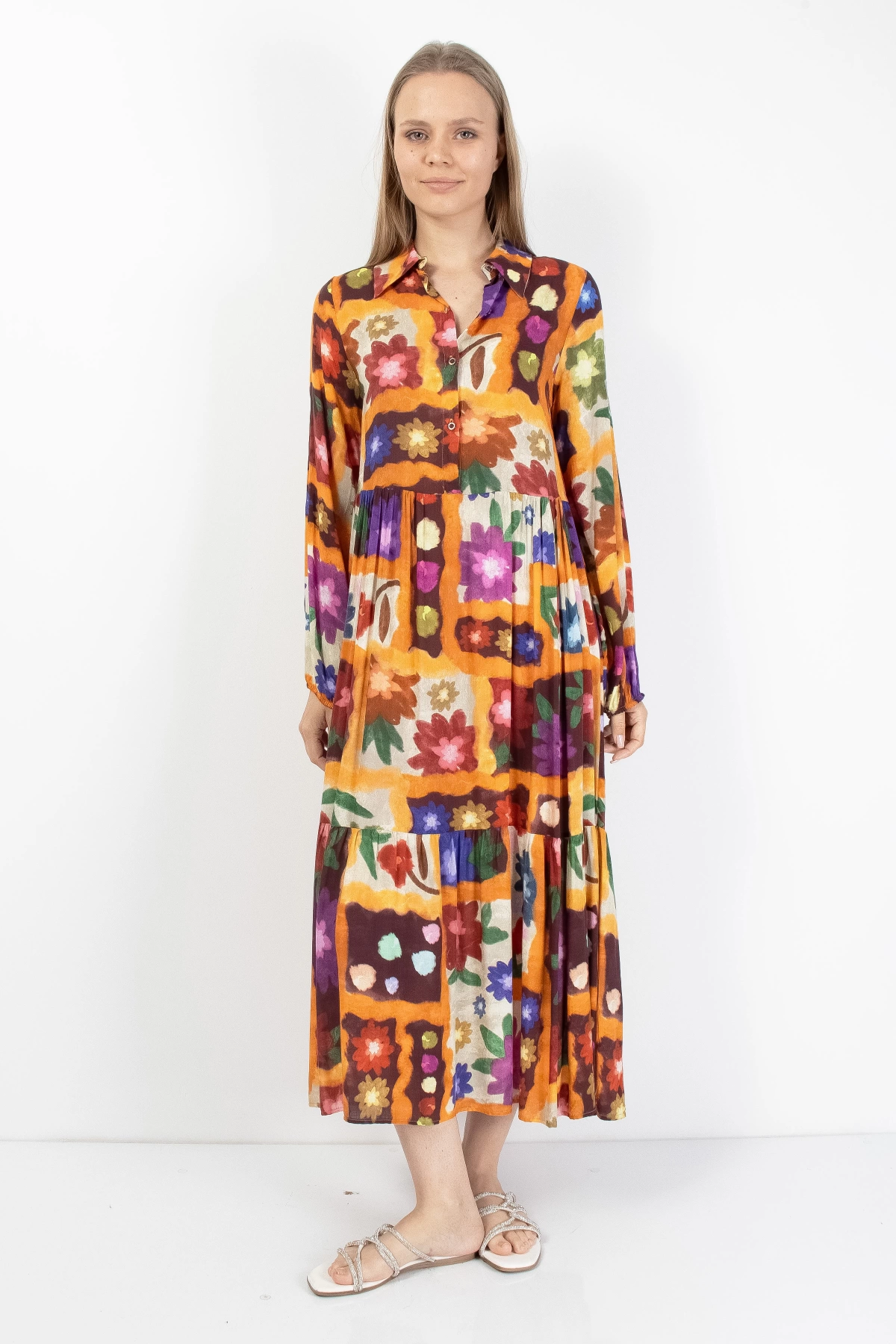 Vibrant Floral Desenli Uzun Kollu Midi Elbise