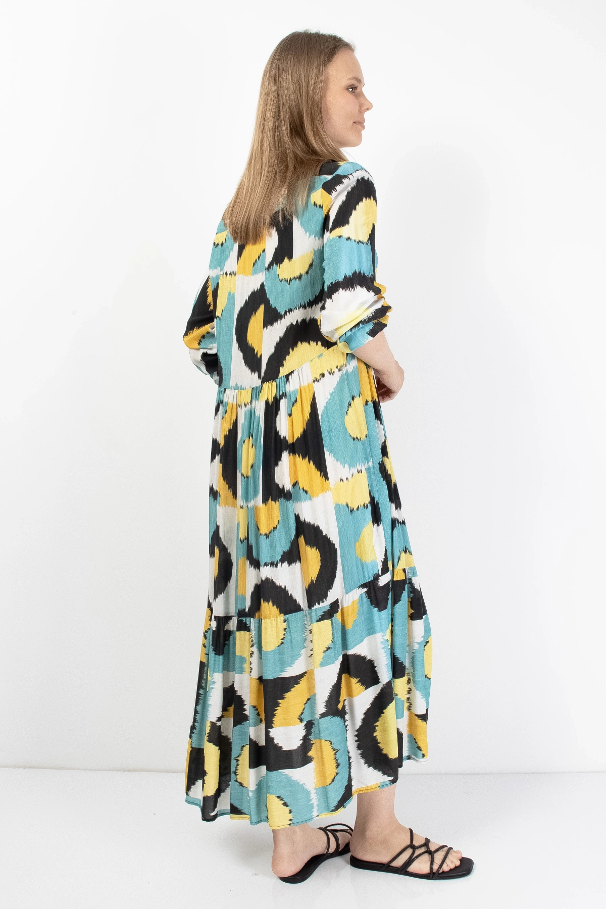 Renkli Desenli Midi Elbise Kadın Yazlık Şık Tunik