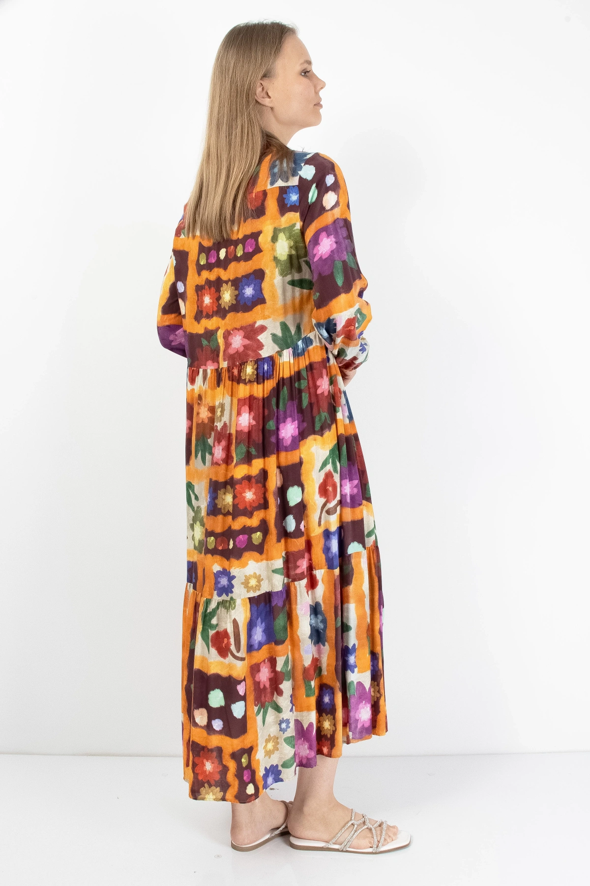 Floral Desenli Şifon Midi Elbise Kadın Yazlık