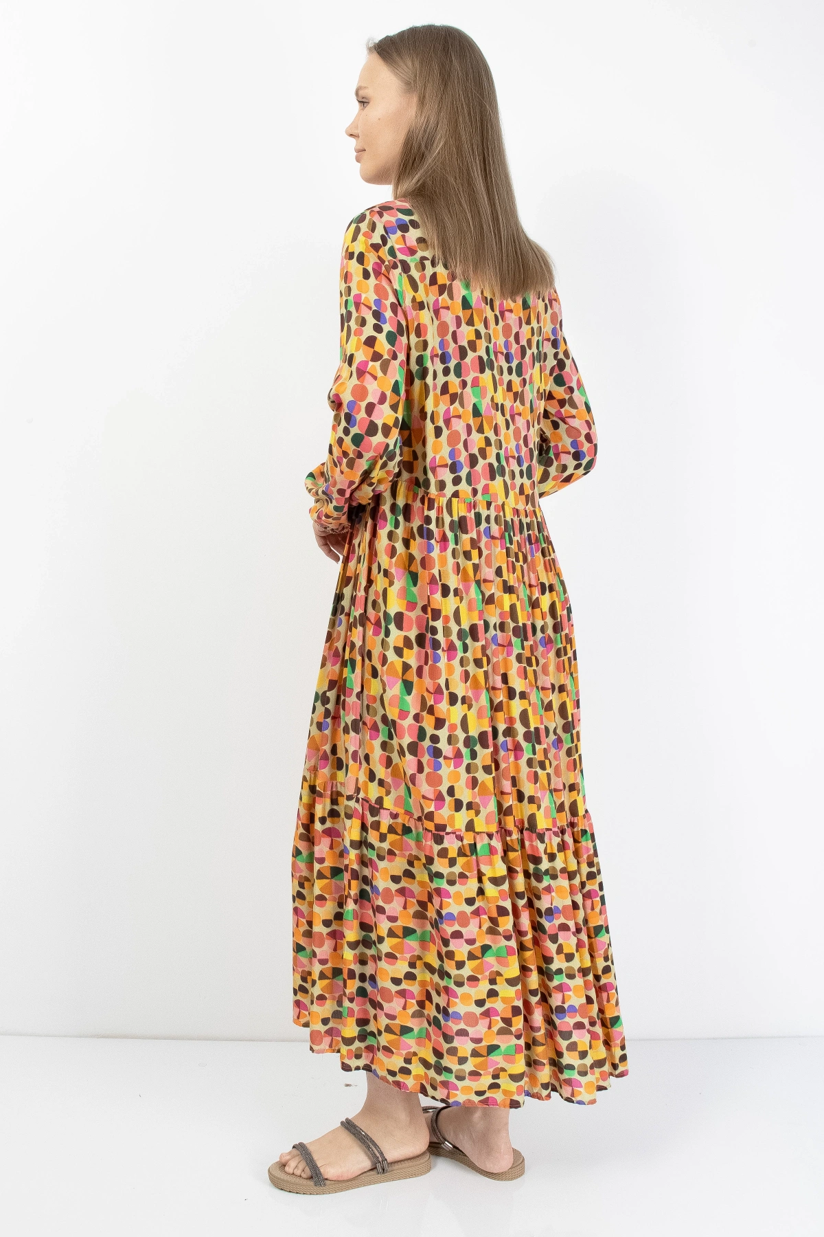 Rengarenk Desenli Kadın Uzun Kollu Midi Elbise