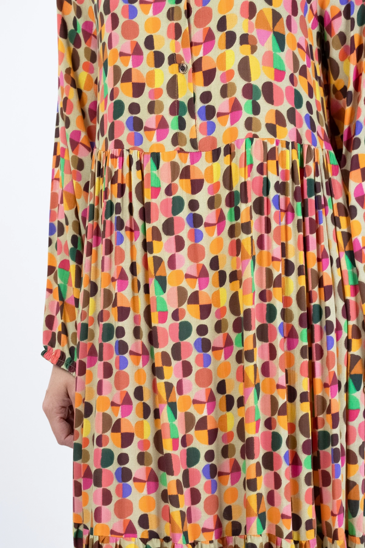 Rengarenk Desenli Kadın Uzun Kollu Midi Elbise