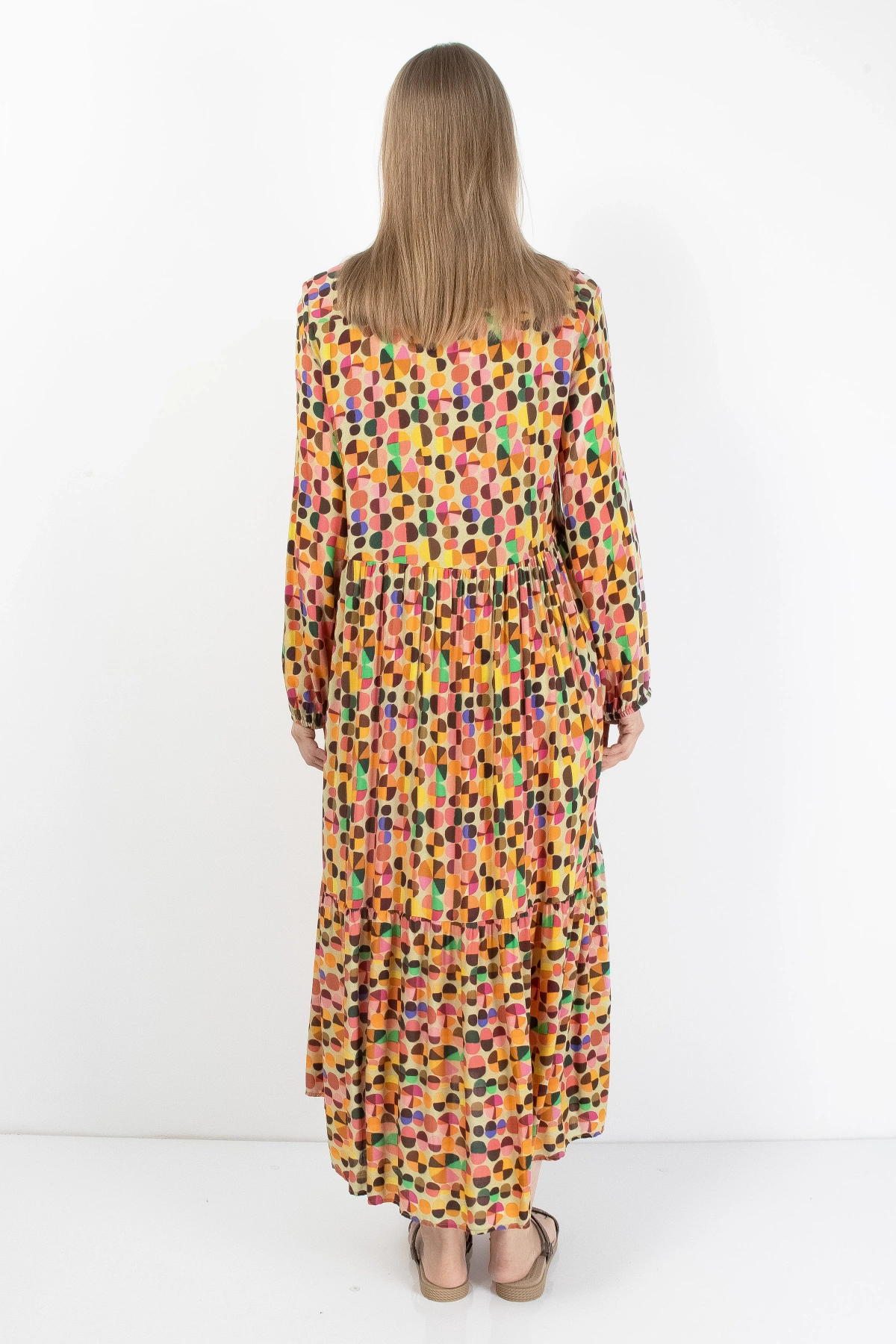 Rengarenk Desenli Kadın Uzun Kollu Midi Elbise