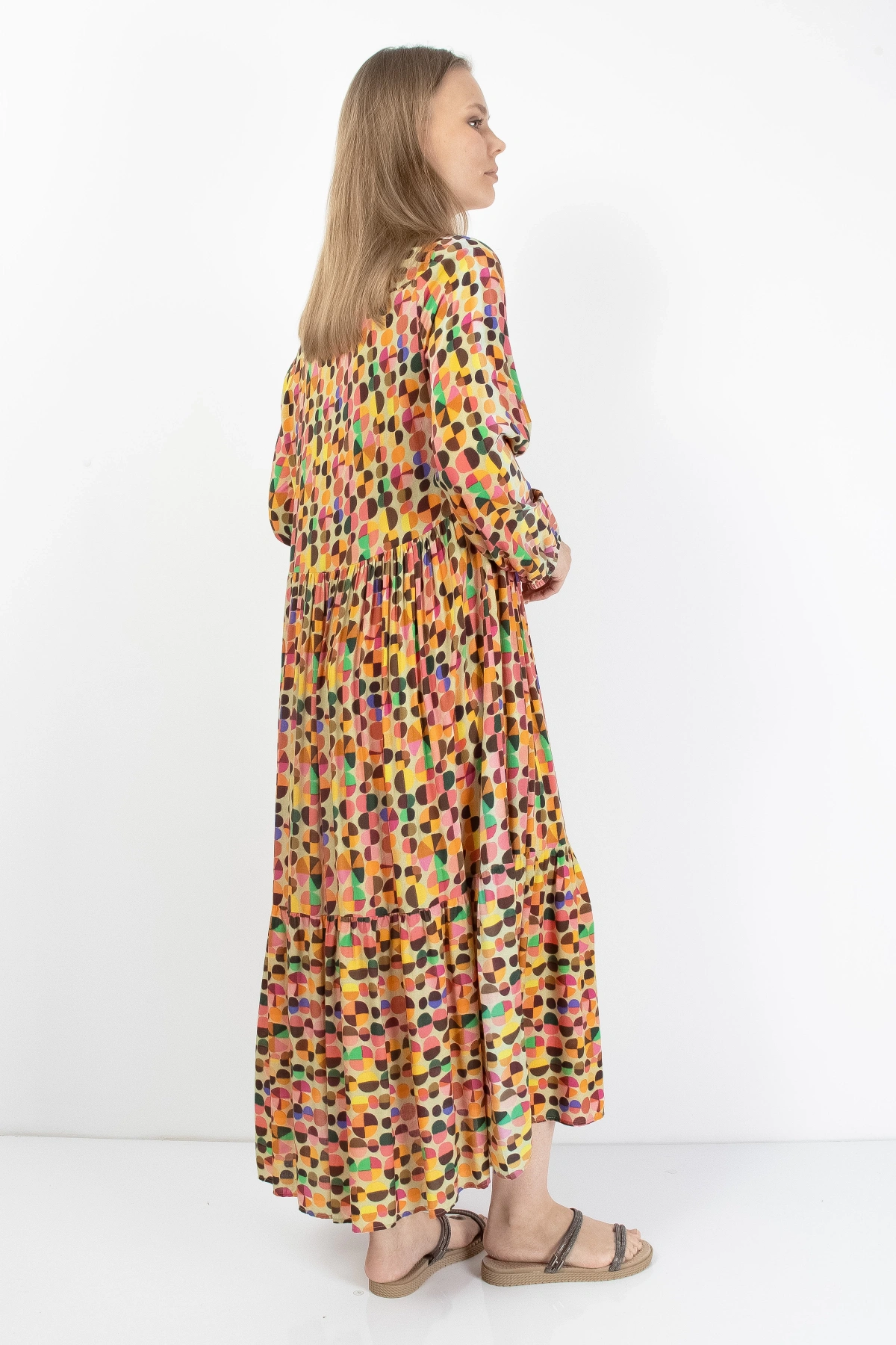 Rengarenk Desenli Kadın Uzun Kollu Midi Elbise