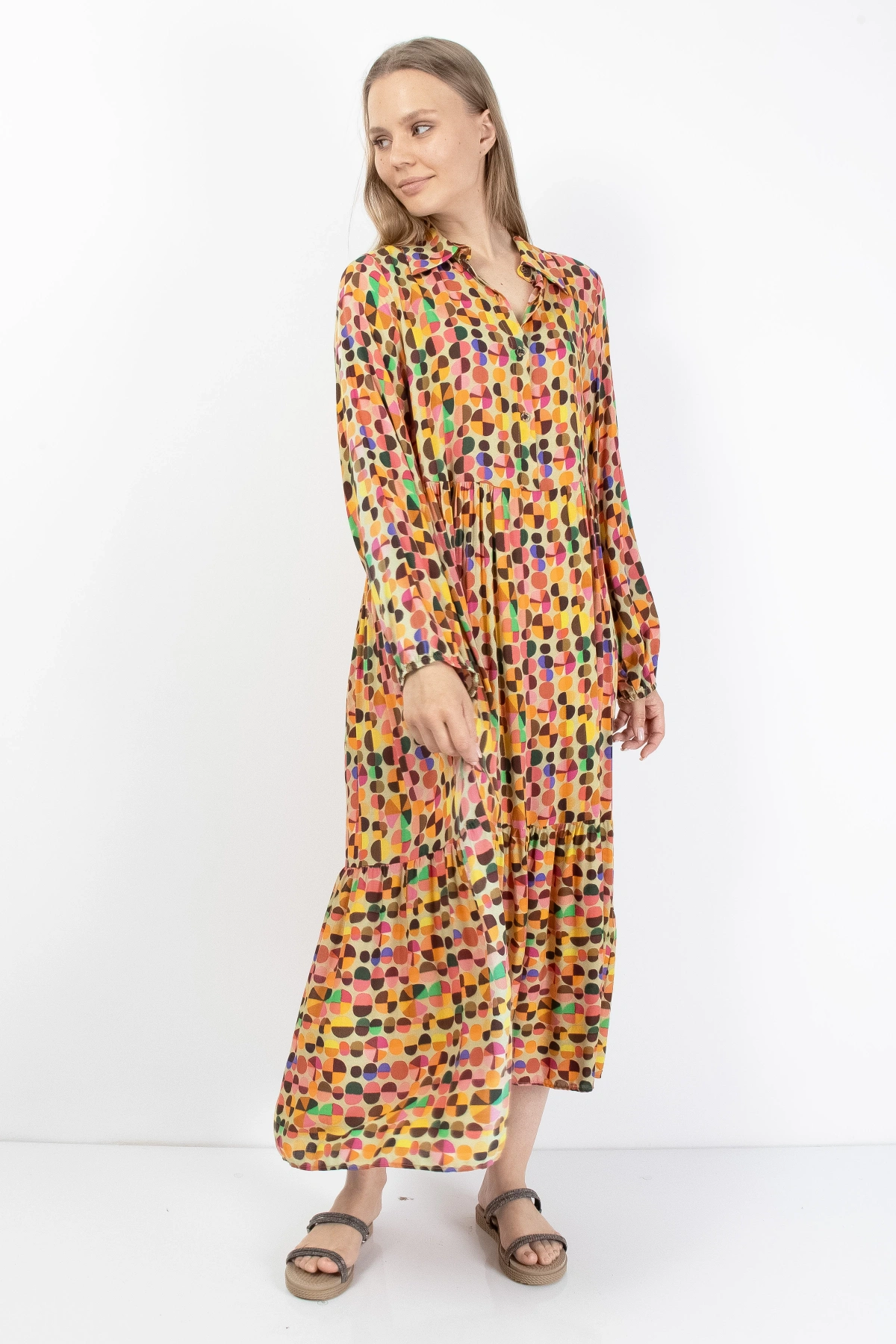 Rengarenk Desenli Kadın Uzun Kollu Midi Elbise