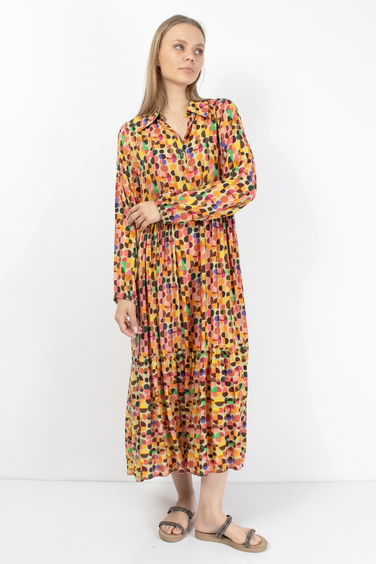 Rengarenk Desenli Kadın Uzun Kollu Midi Elbise