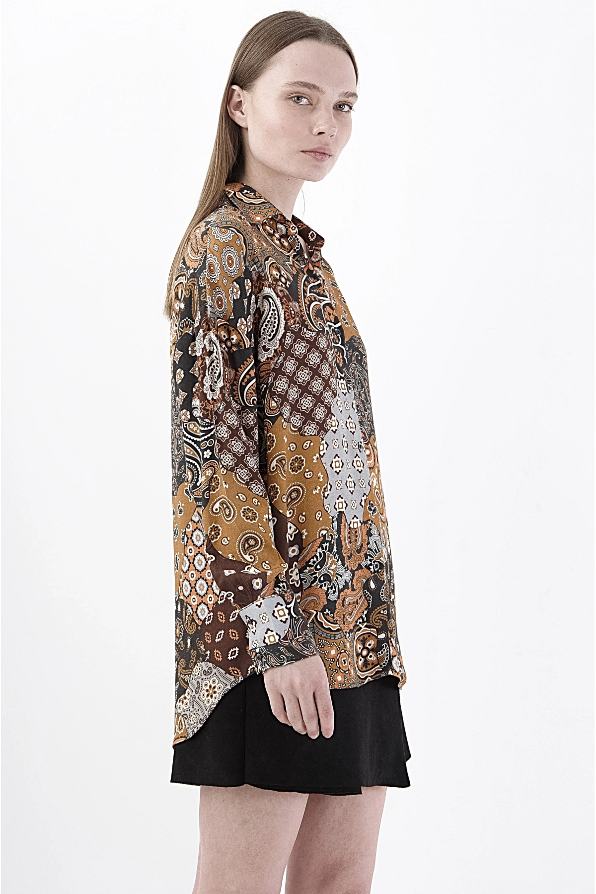 Kadın Desenli Viskon Gömlek Şık Kahve