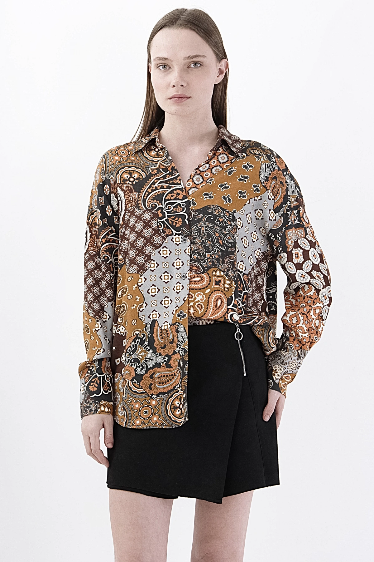 Kadın Desenli Viskon Gömlek Şık Kahve
