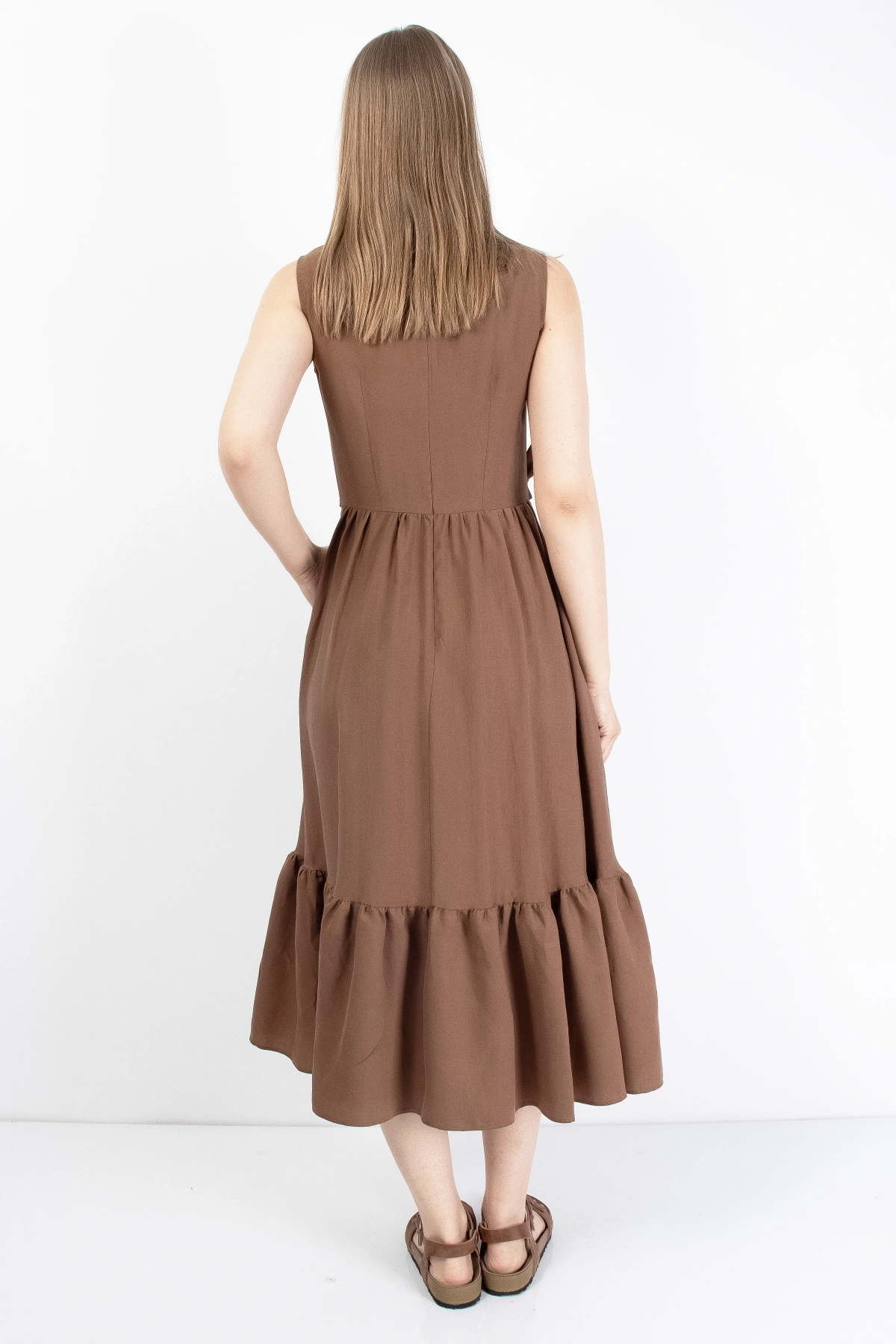 Kahverengi Kemerli Kruvaze Kadın Midi Elbise