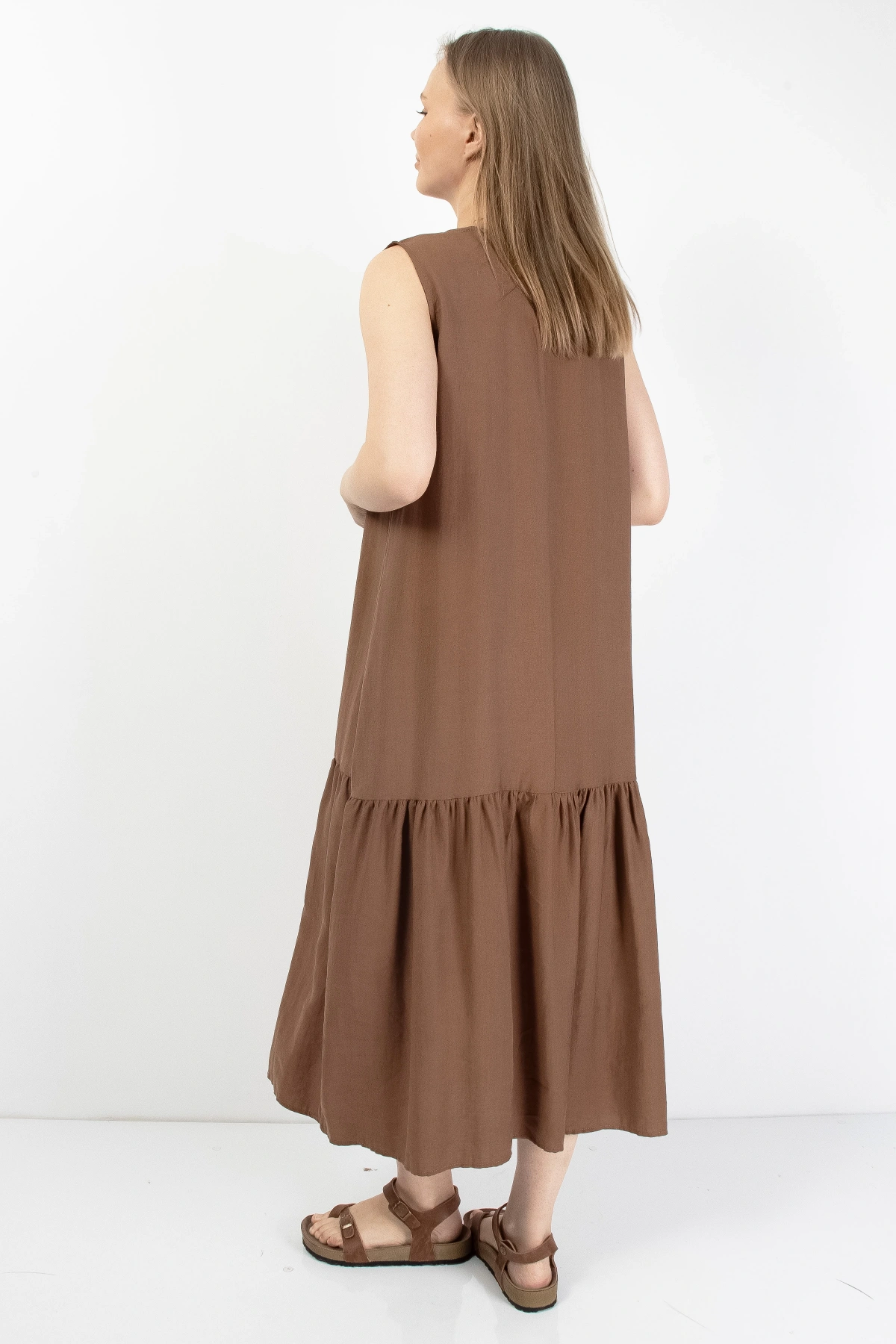 Kahverengi Volanlı Kadın Midi Elbise