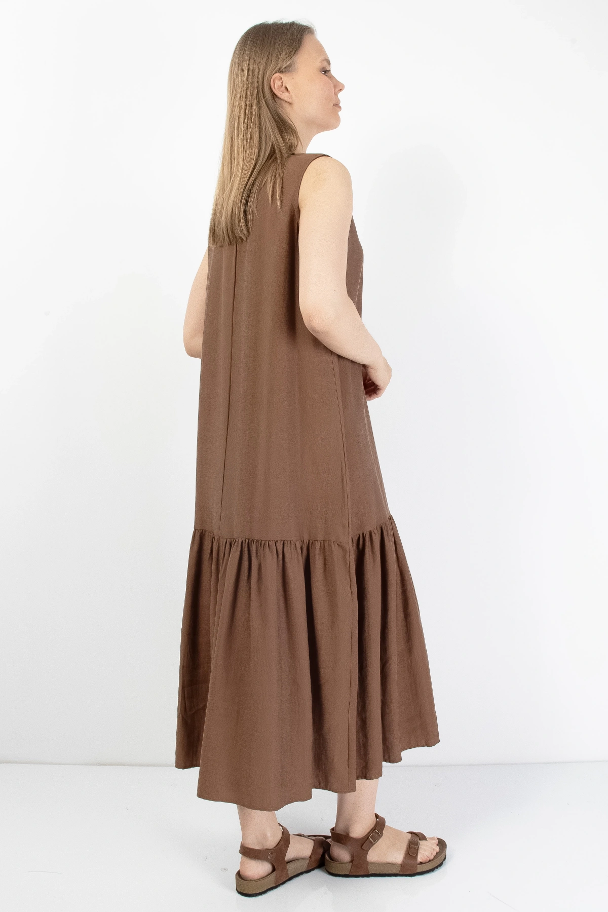 Kahverengi Volanlı Kadın Midi Elbise