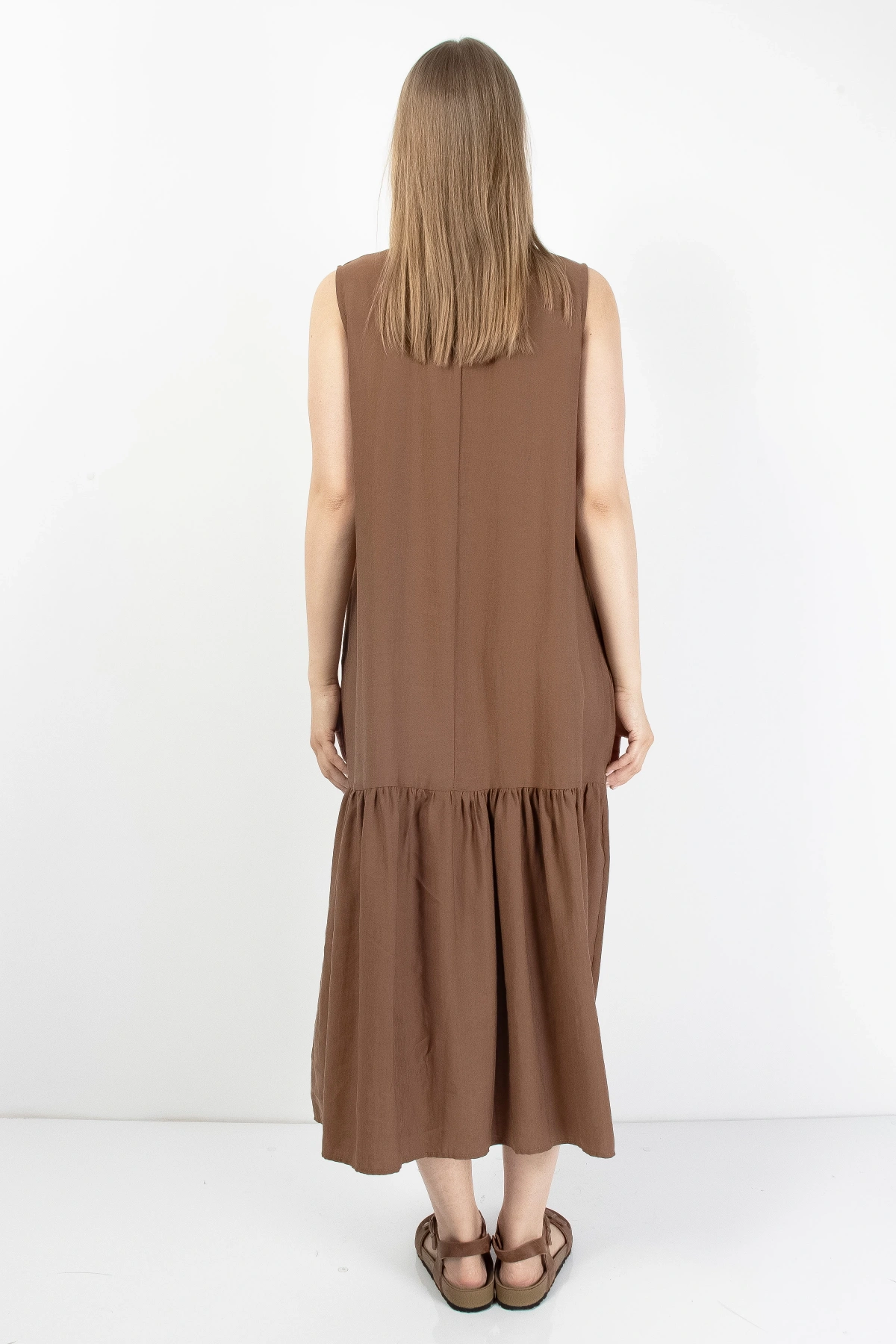 Kahverengi Volanlı Kadın Midi Elbise