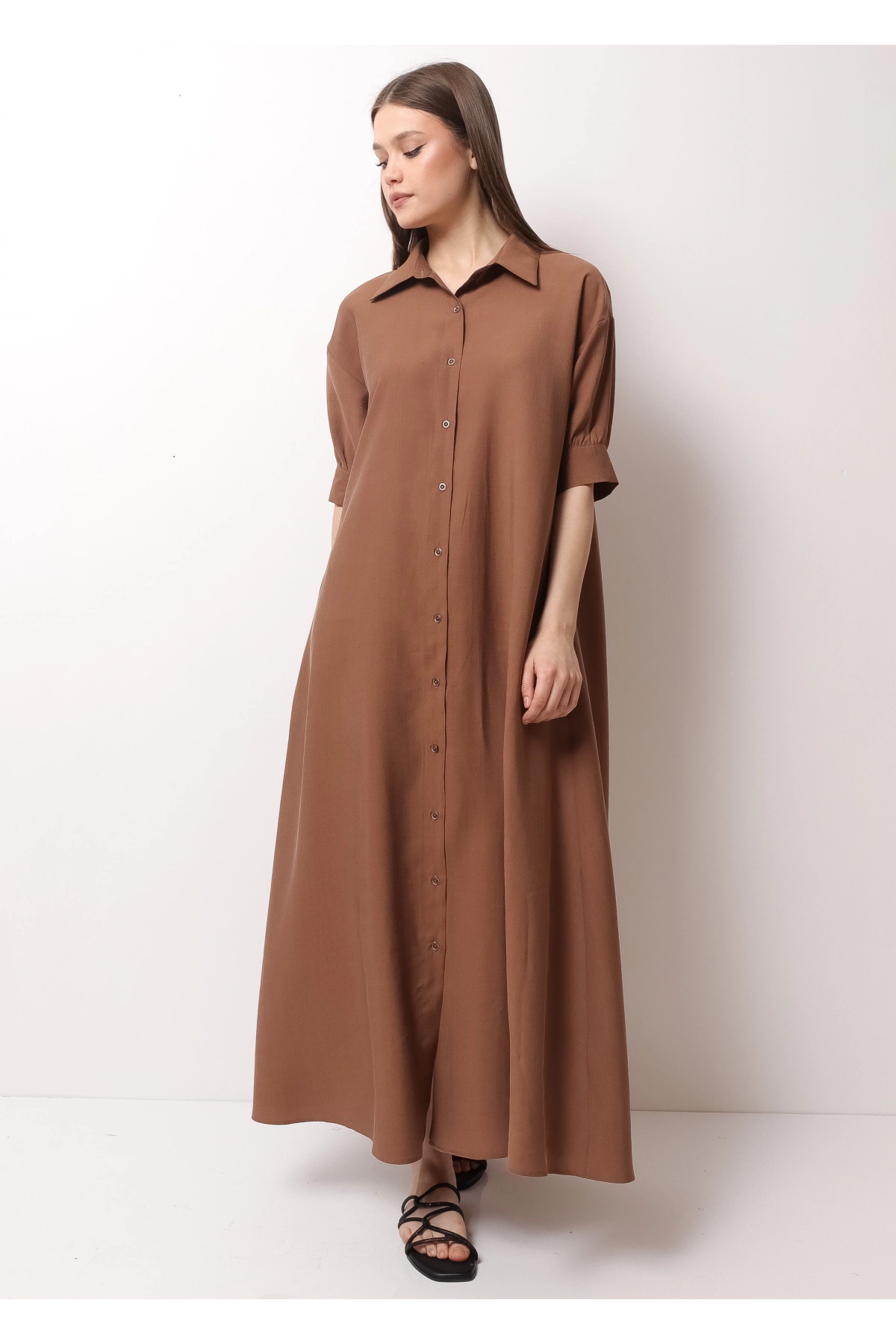 Kahverengi Yarım Kol Kadın Midi Elbise