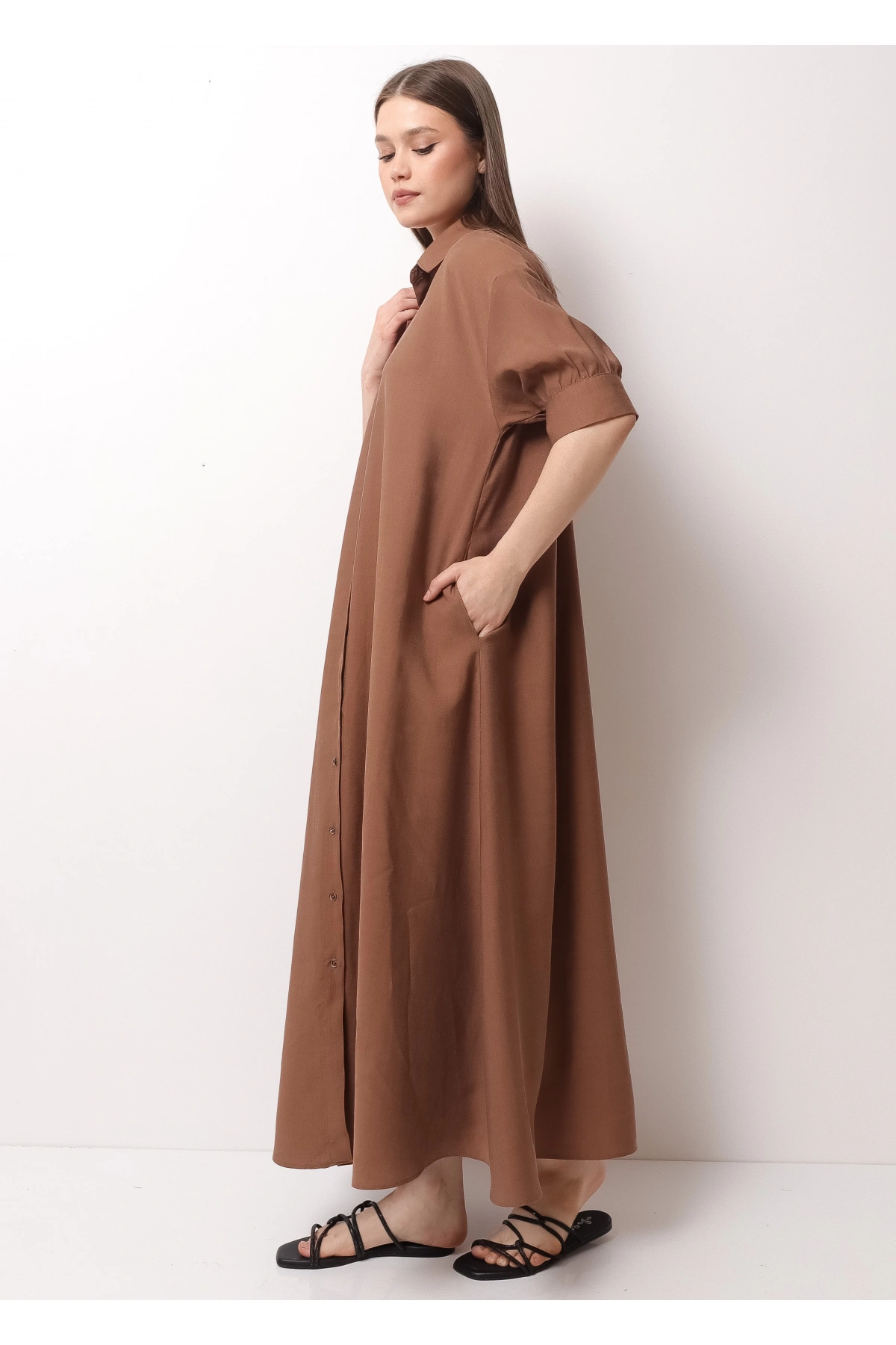 Kahverengi Yarım Kol Kadın Midi Elbise