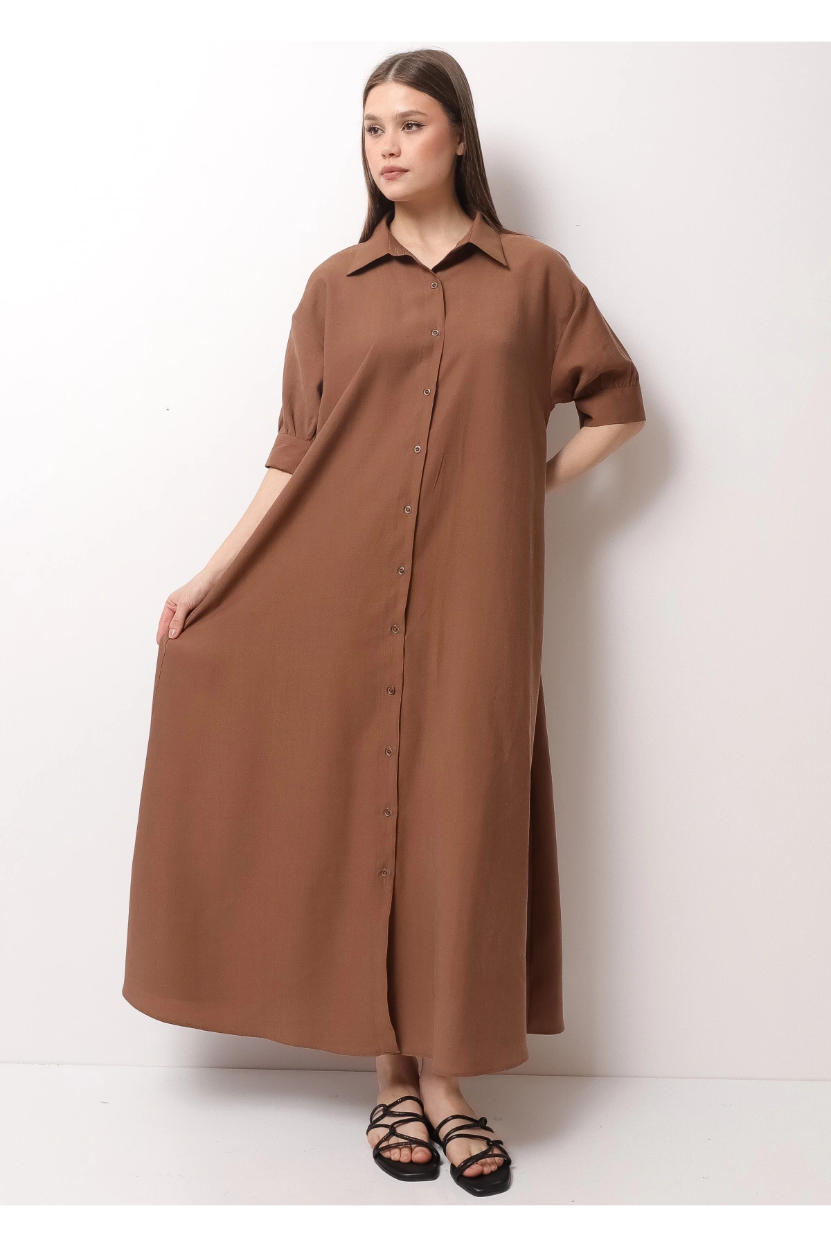 Kahverengi Yarım Kol Kadın Midi Elbise