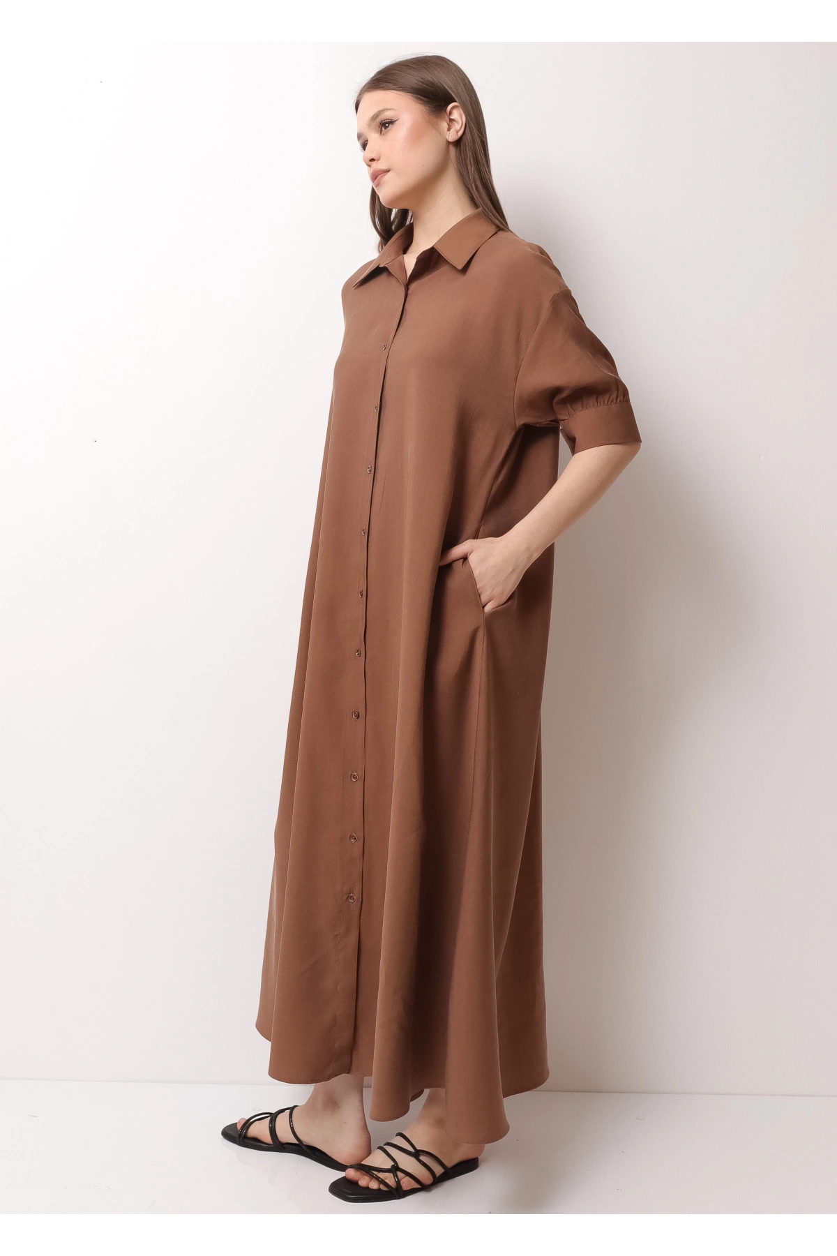 Kahverengi Yarım Kol Kadın Midi Elbise