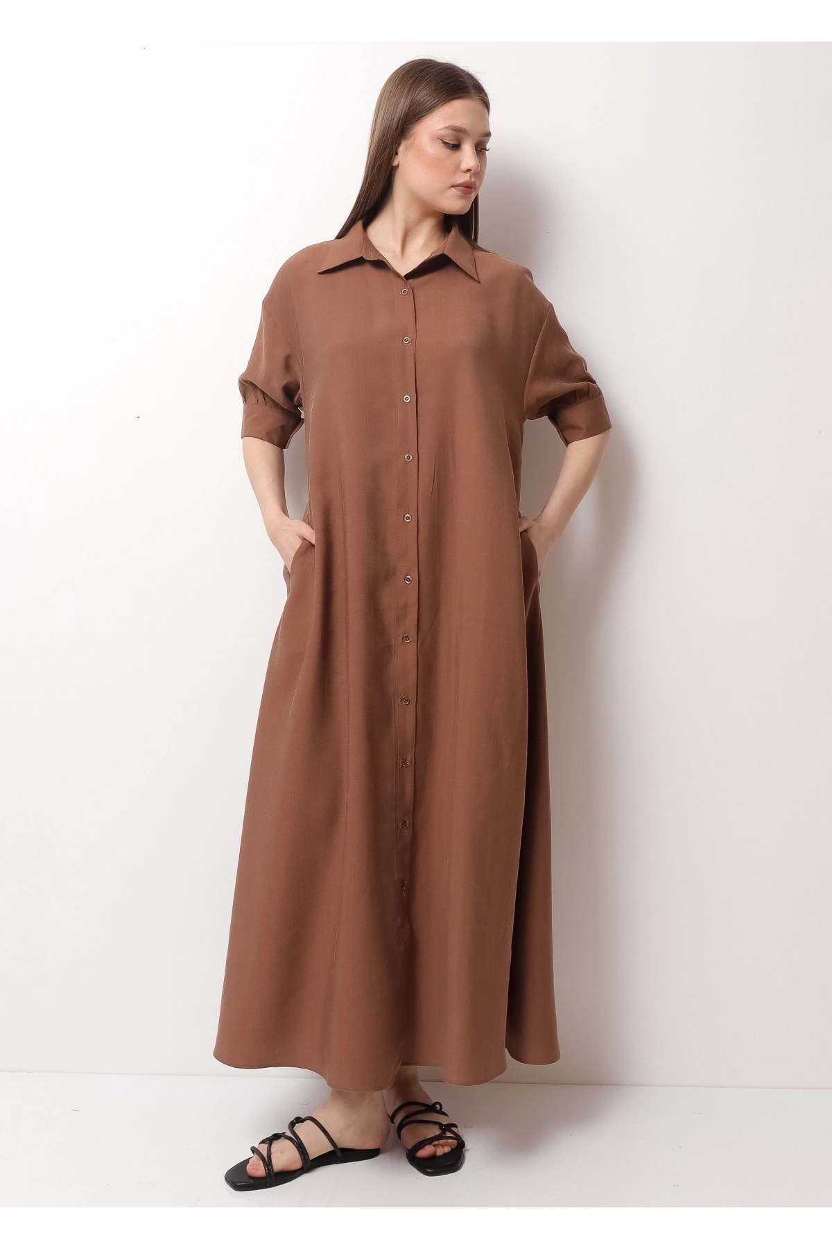 Kahverengi Yarım Kol Kadın Midi Elbise