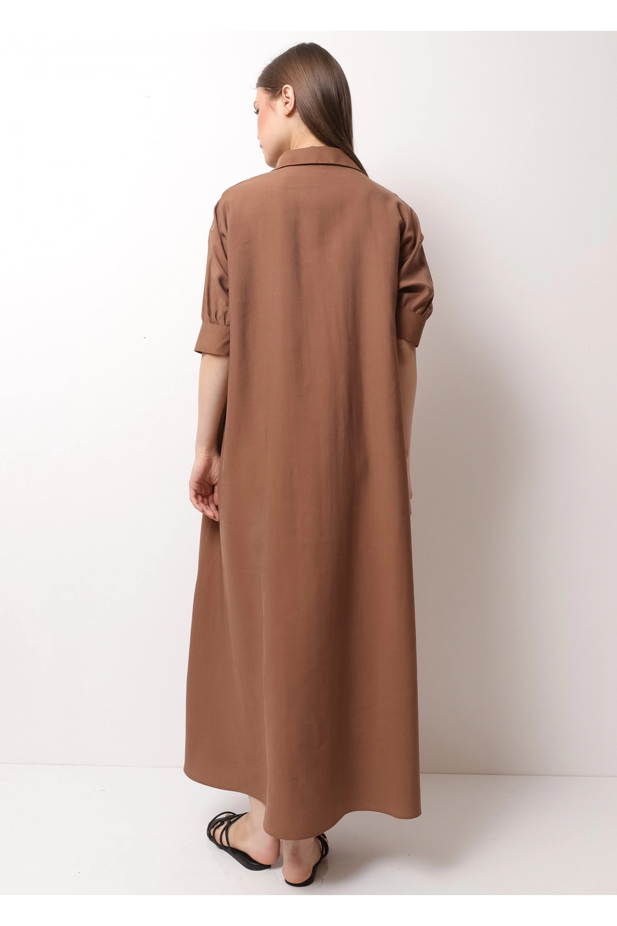 Kahverengi Yarım Kol Kadın Midi Elbise