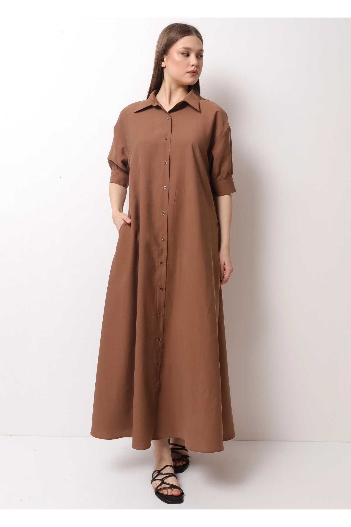 Kahverengi Yarım Kol Kadın Midi Elbise