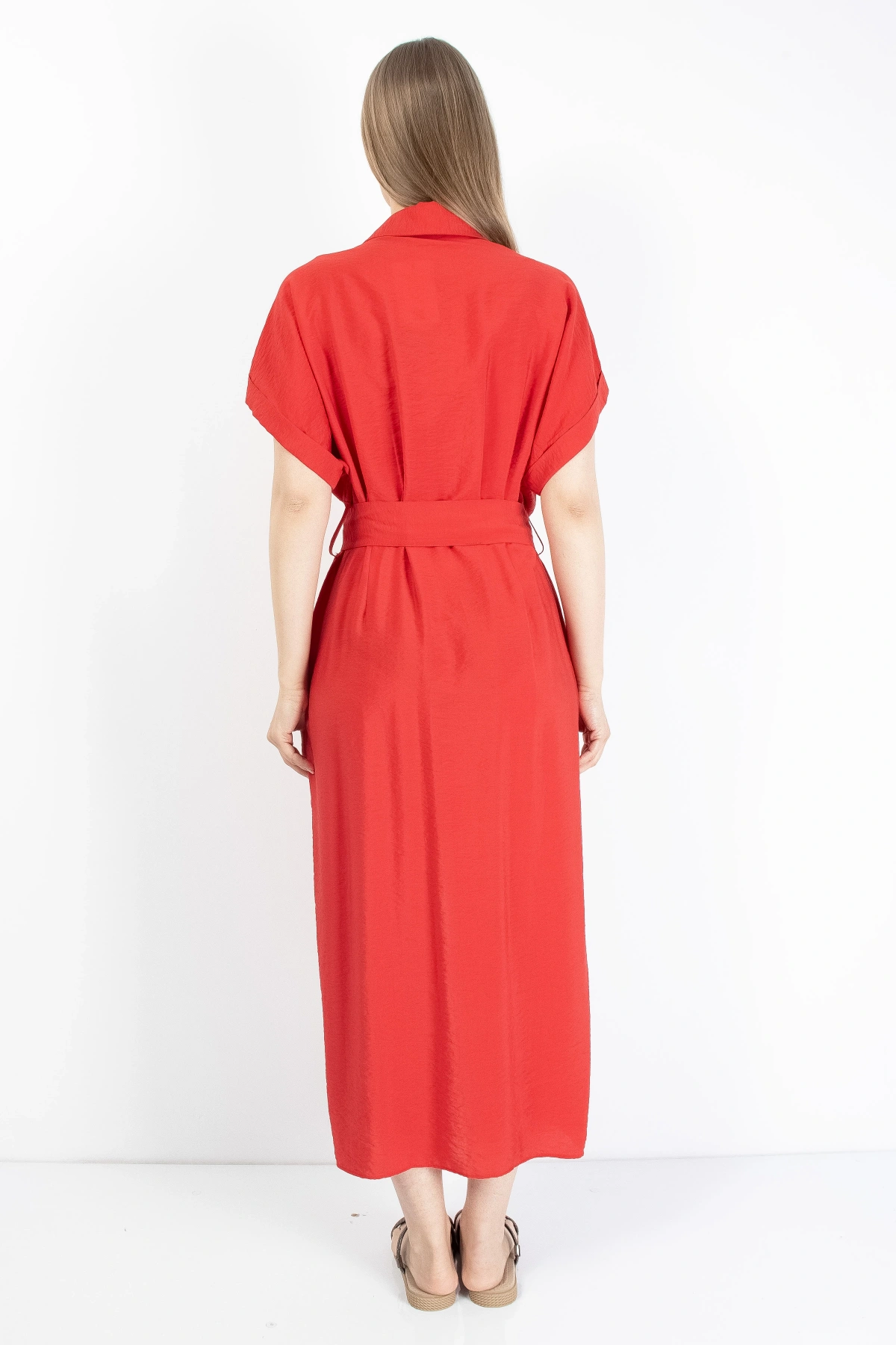 Kırmızı Kadın Midi Gömlek Elbise