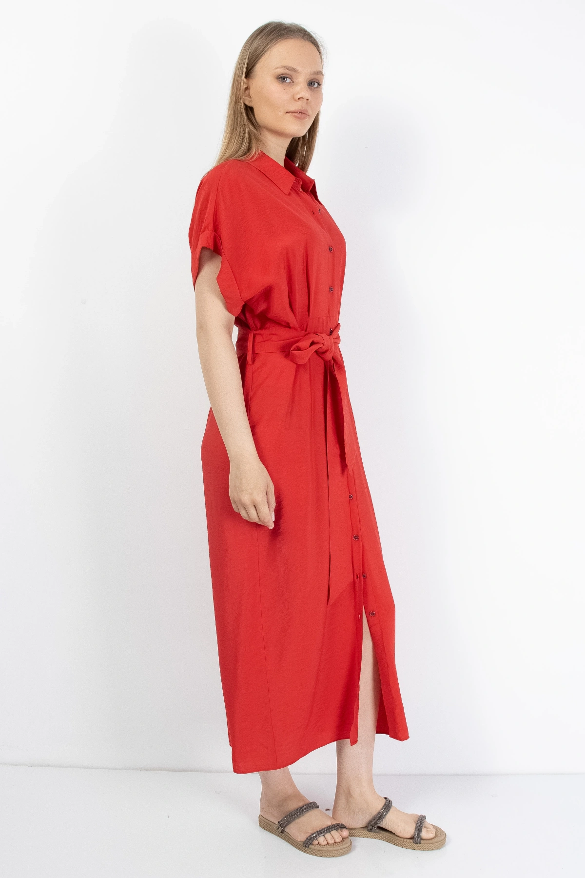 Kırmızı Kadın Midi Gömlek Elbise