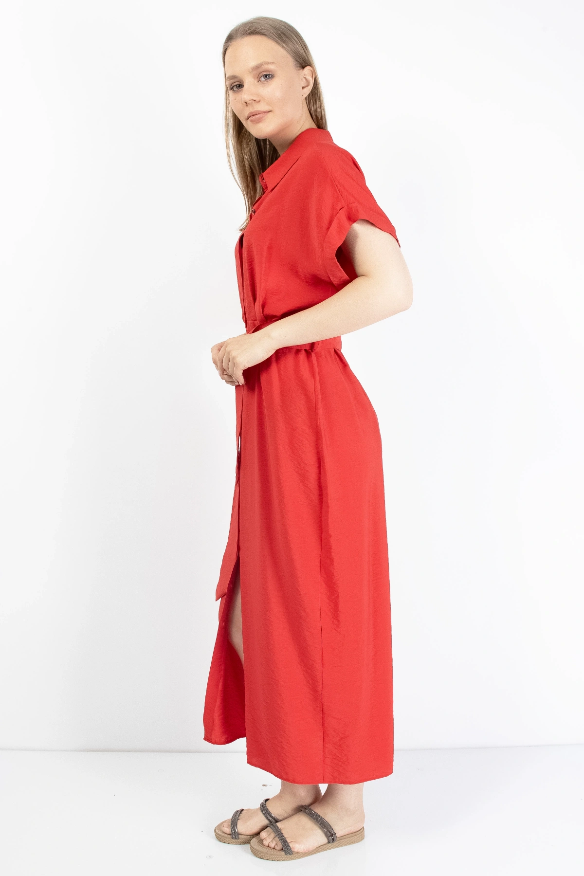 Kırmızı Kadın Midi Gömlek Elbise