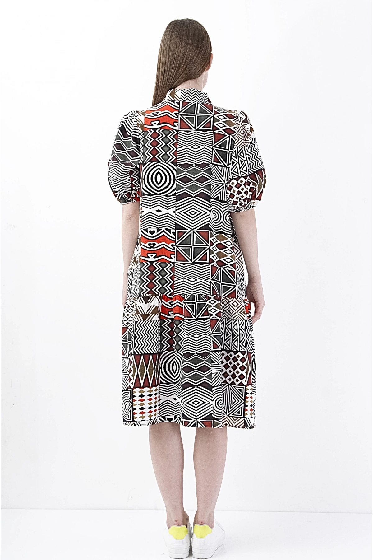 Kısa Kollu Desenli Çok Renkli Viskon Kadın Elbise