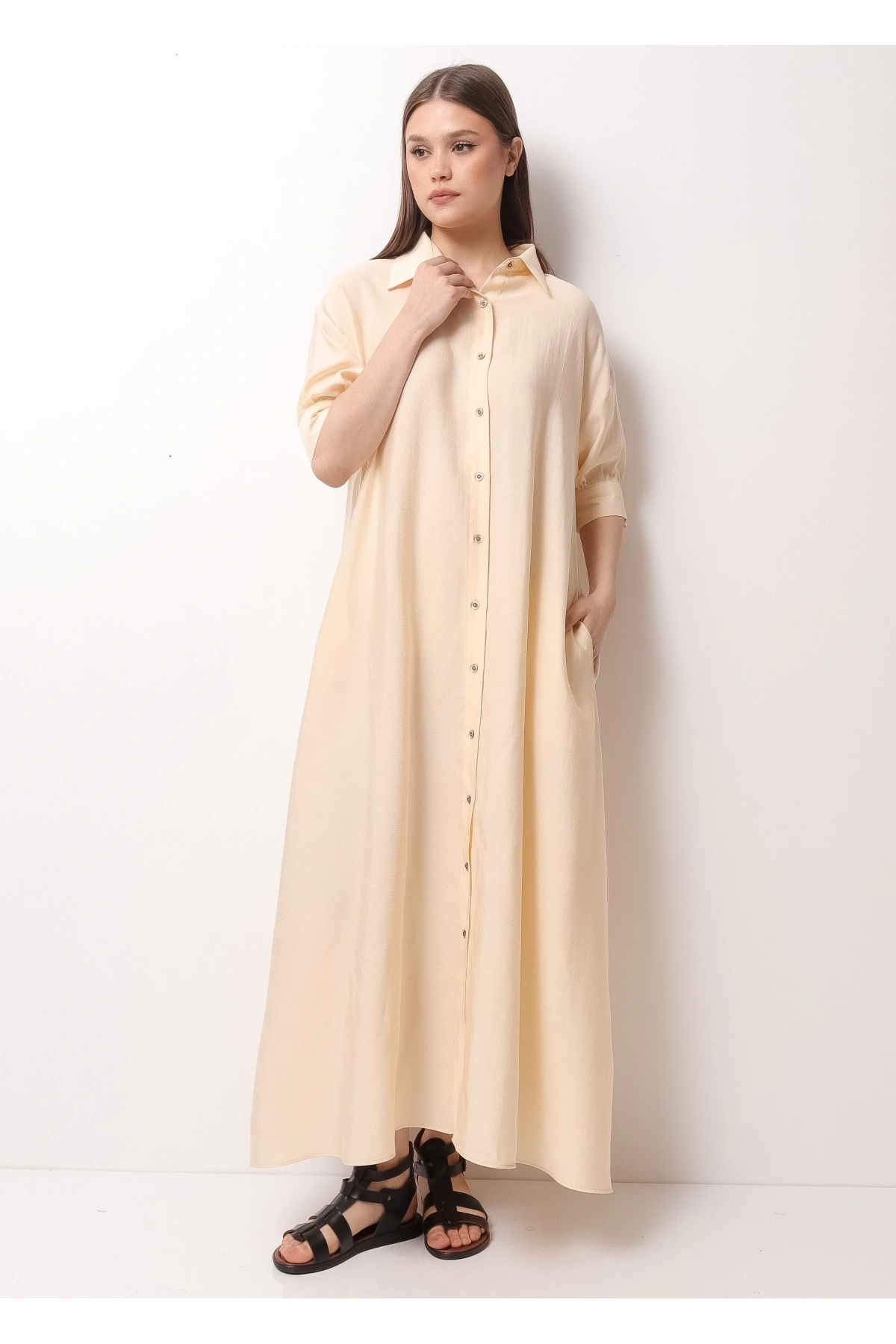 Krem Rengi Yarım Kol Kadın Midi Elbise