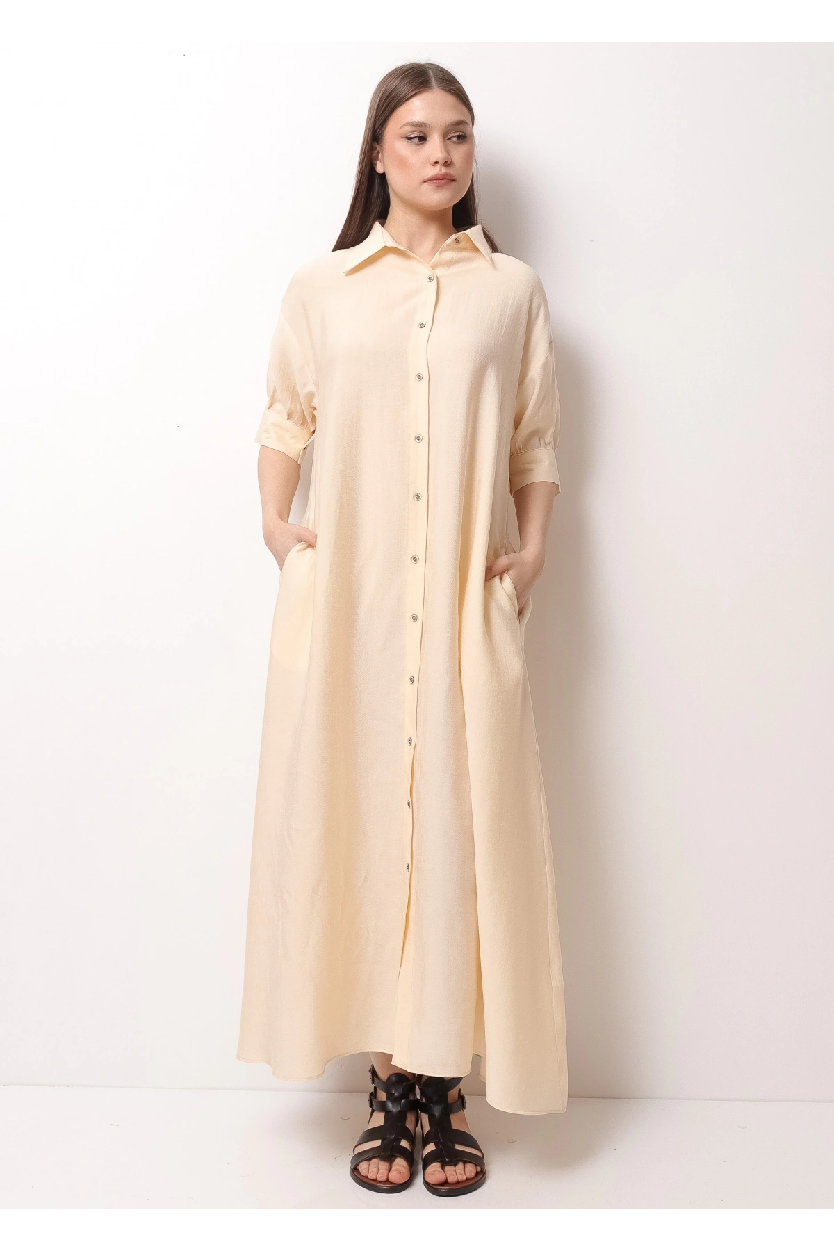 Krem Rengi Yarım Kol Kadın Midi Elbise