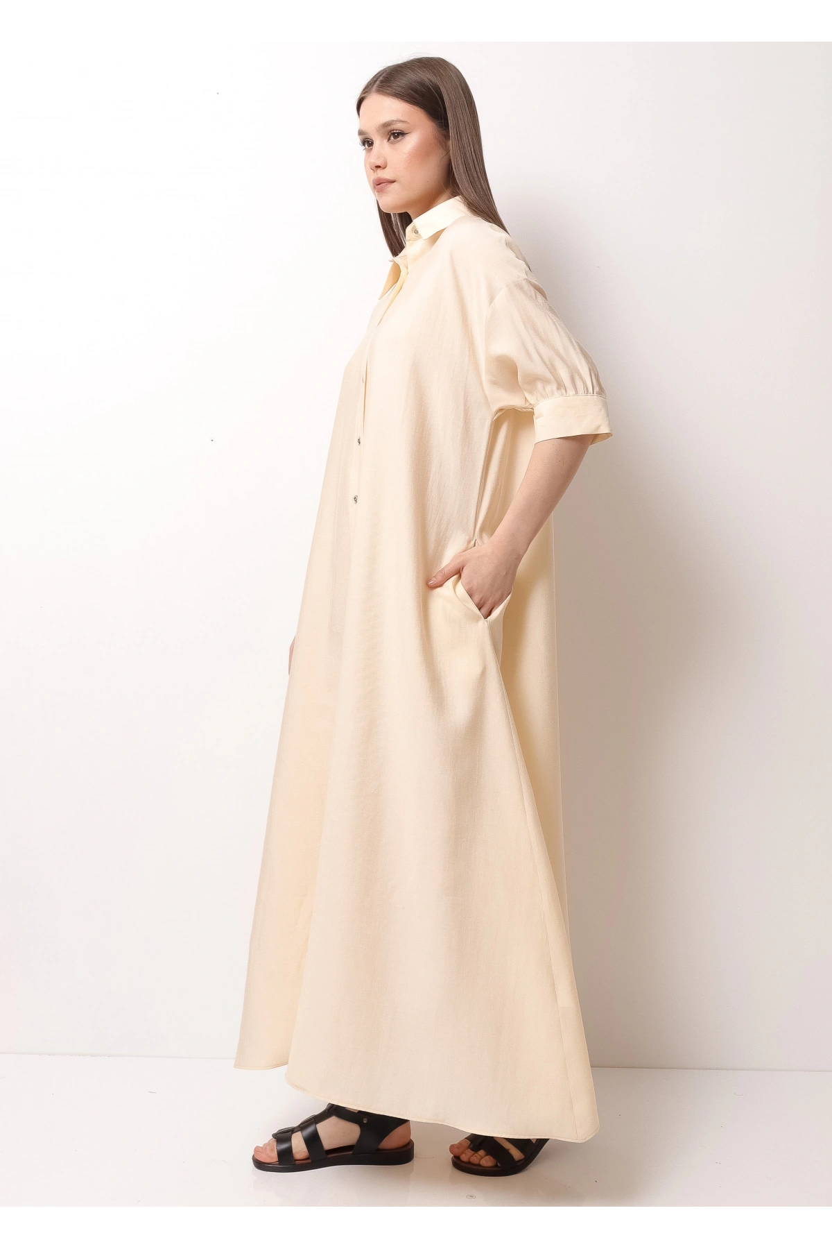 Krem Rengi Yarım Kol Kadın Midi Elbise