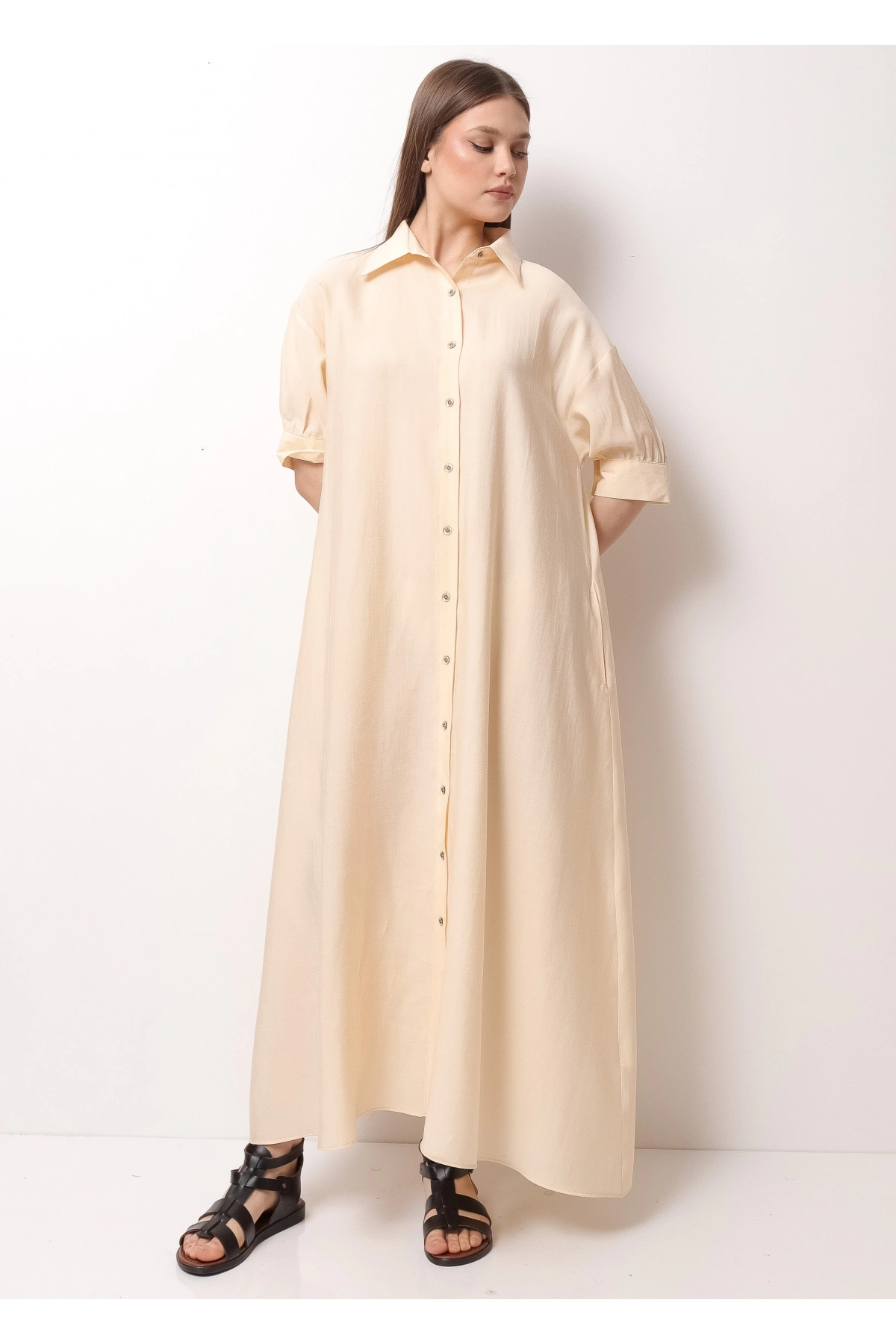 Krem Rengi Yarım Kol Kadın Midi Elbise