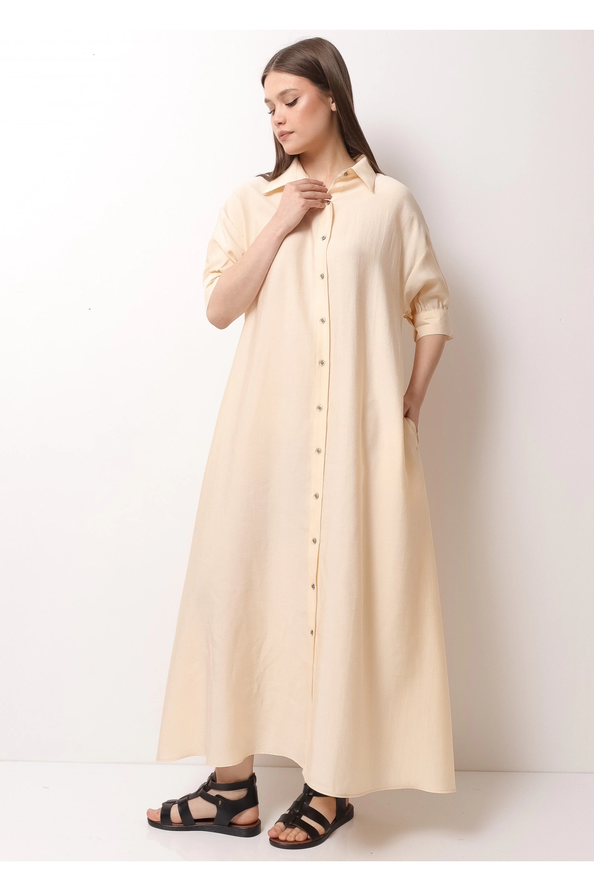 Krem Rengi Yarım Kol Kadın Midi Elbise