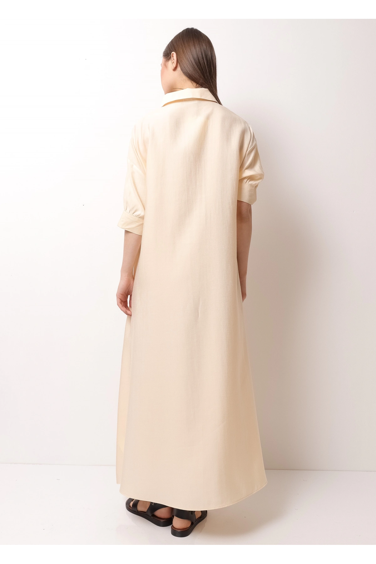 Krem Rengi Yarım Kol Kadın Midi Elbise