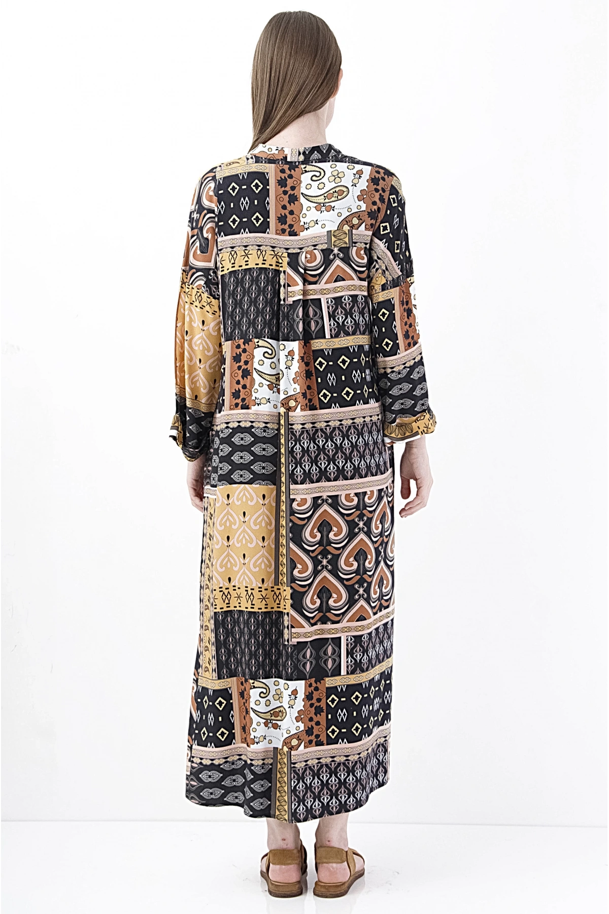 Boho Şık Desenli Midi Elbise Kadın Viskon Kumaş