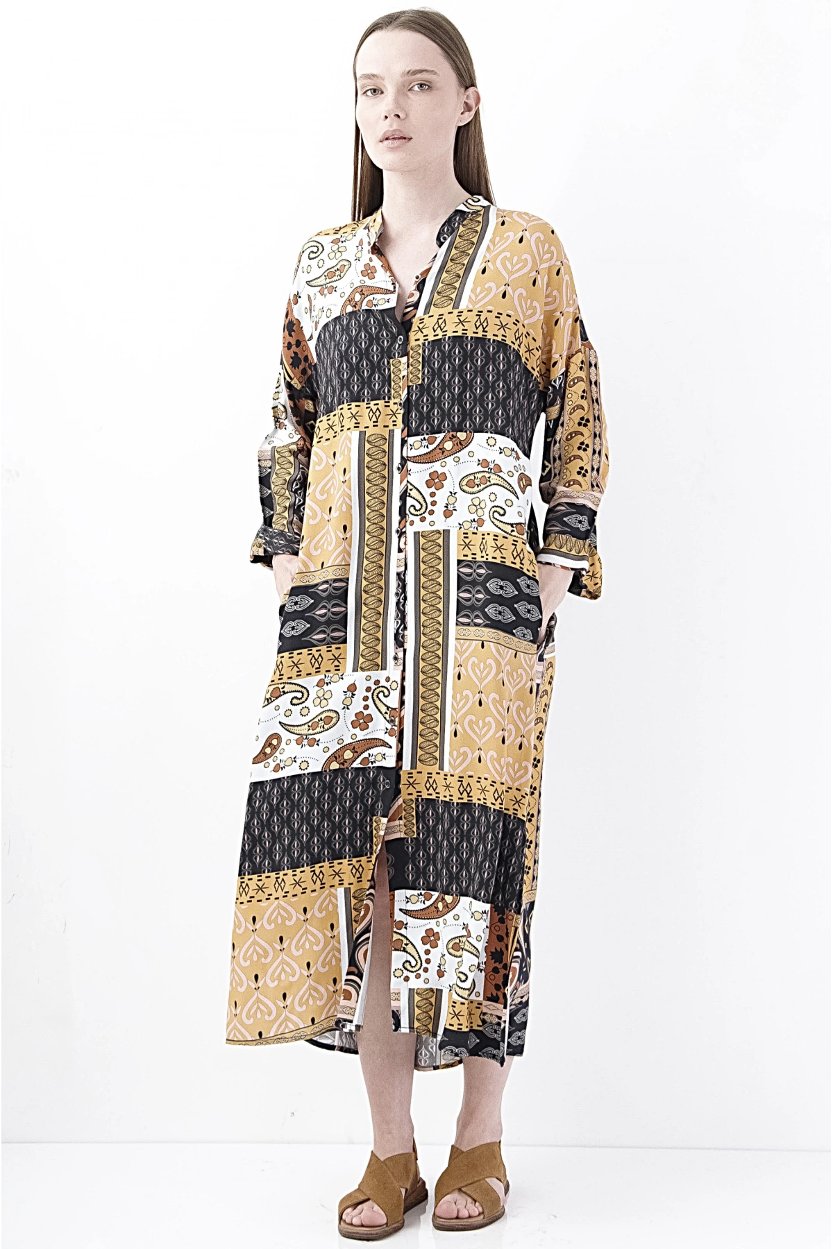 Boho Şık Desenli Midi Elbise Kadın Viskon Kumaş