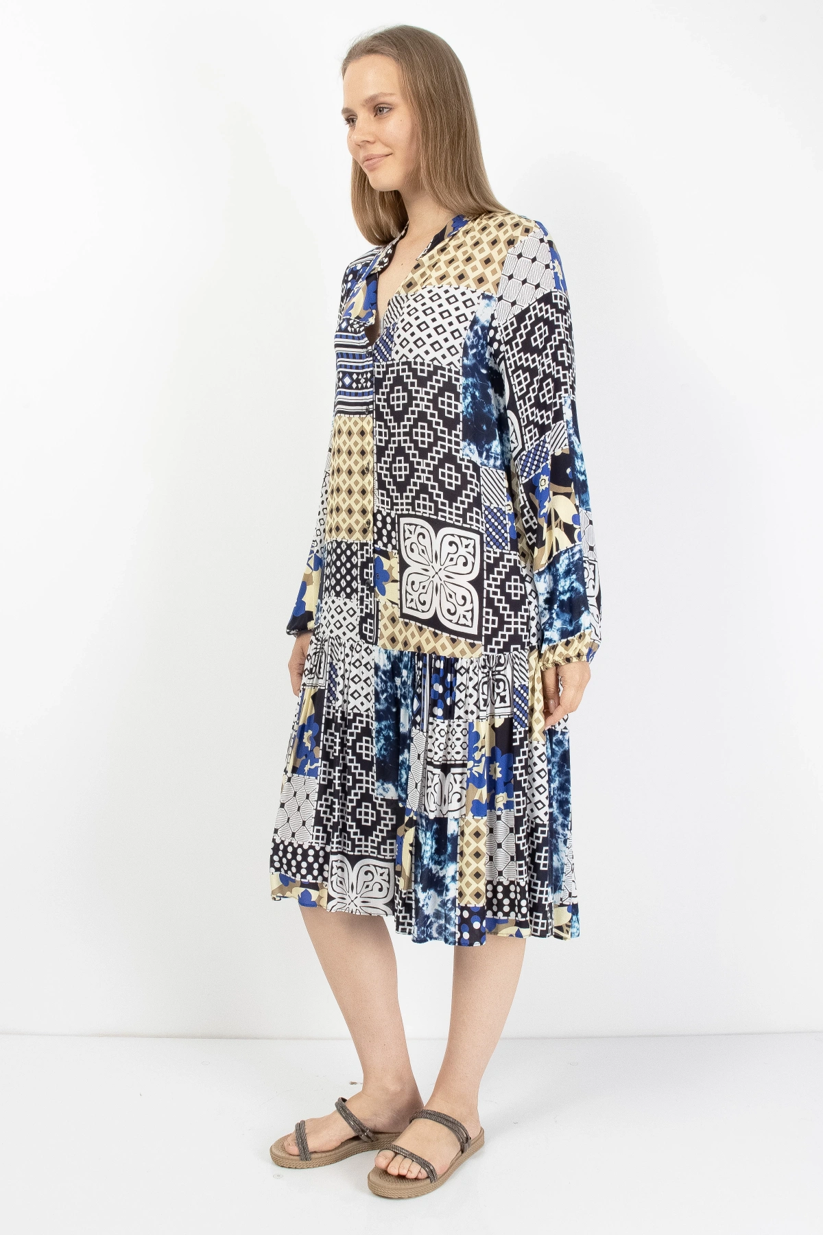 Mavi Gri Patchwork Düğmeli Kadın Midi Elbise