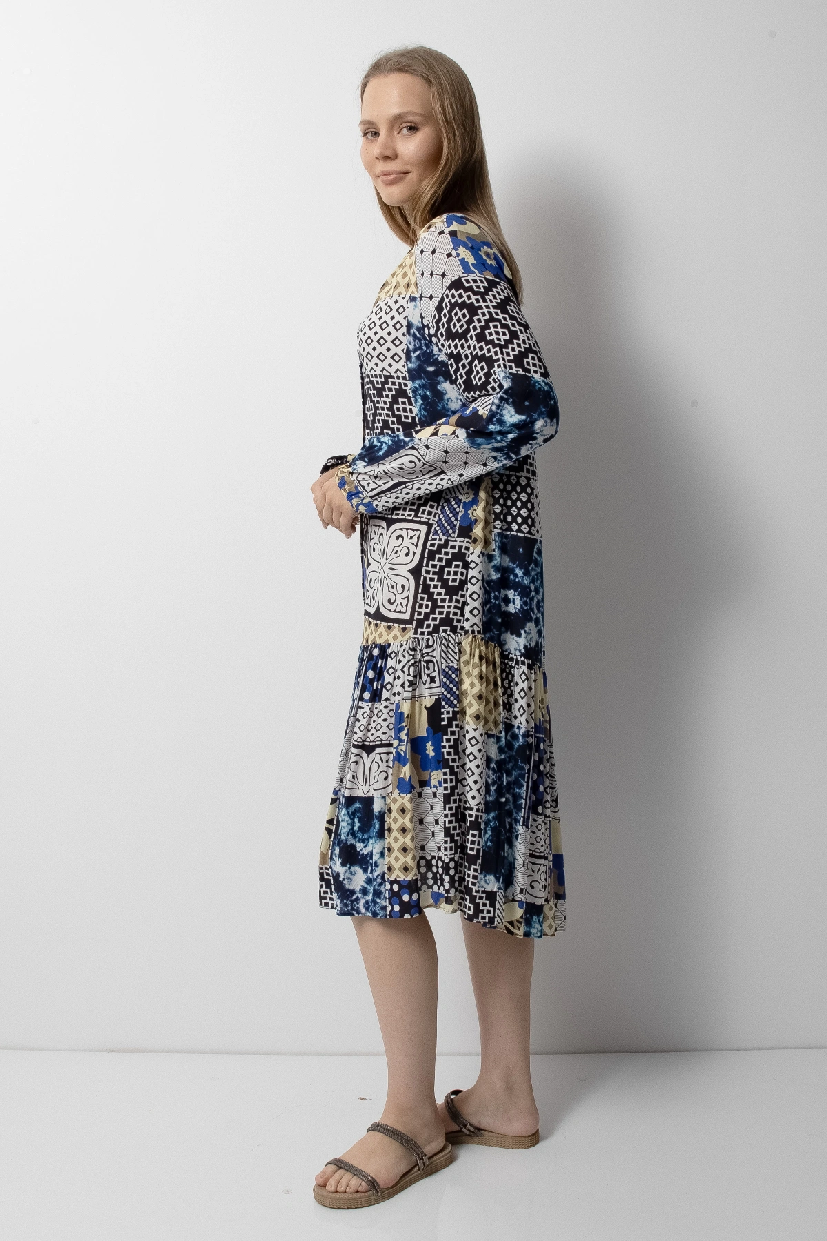 Mavi Gri Patchwork Düğmeli Kadın Midi Elbise