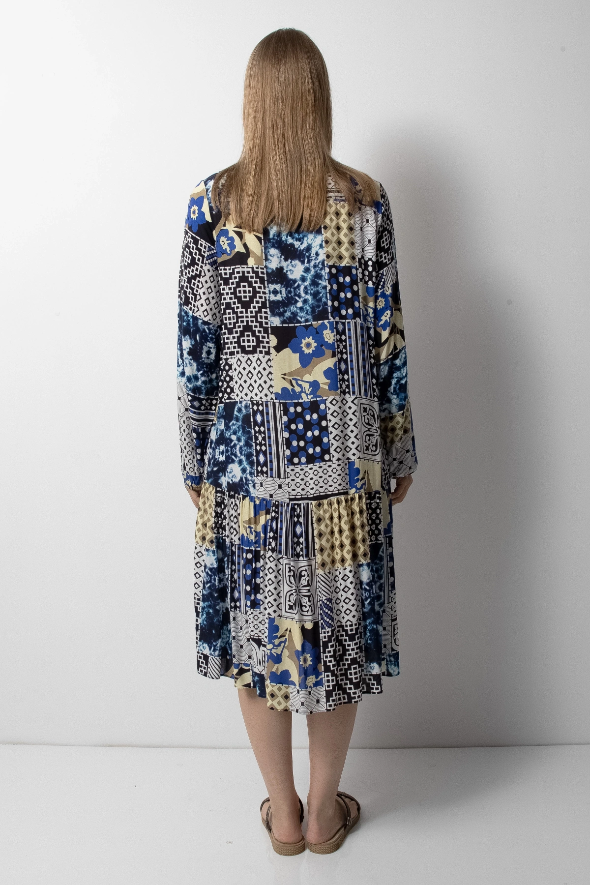 Mavi Gri Patchwork Düğmeli Kadın Midi Elbise