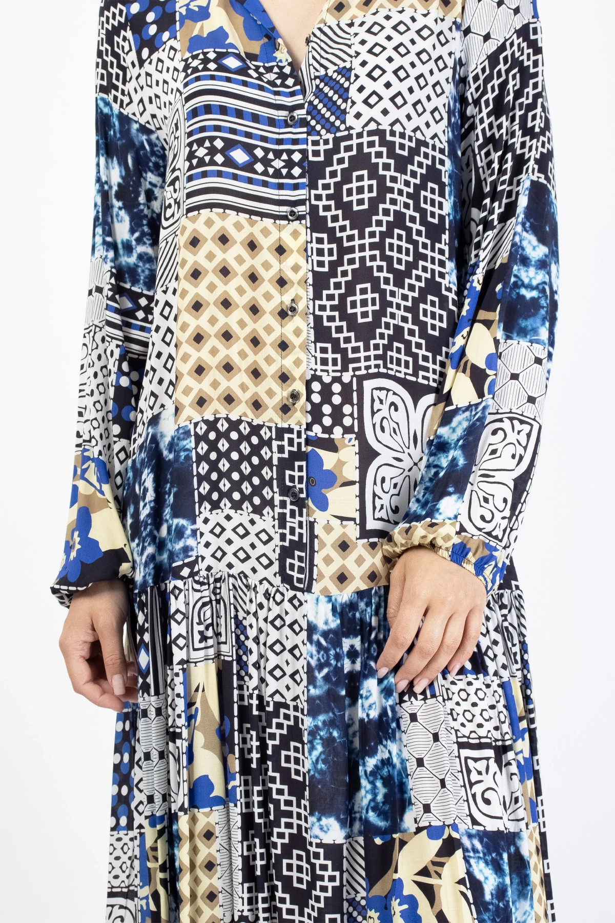 Mavi Gri Patchwork Düğmeli Kadın Midi Elbise