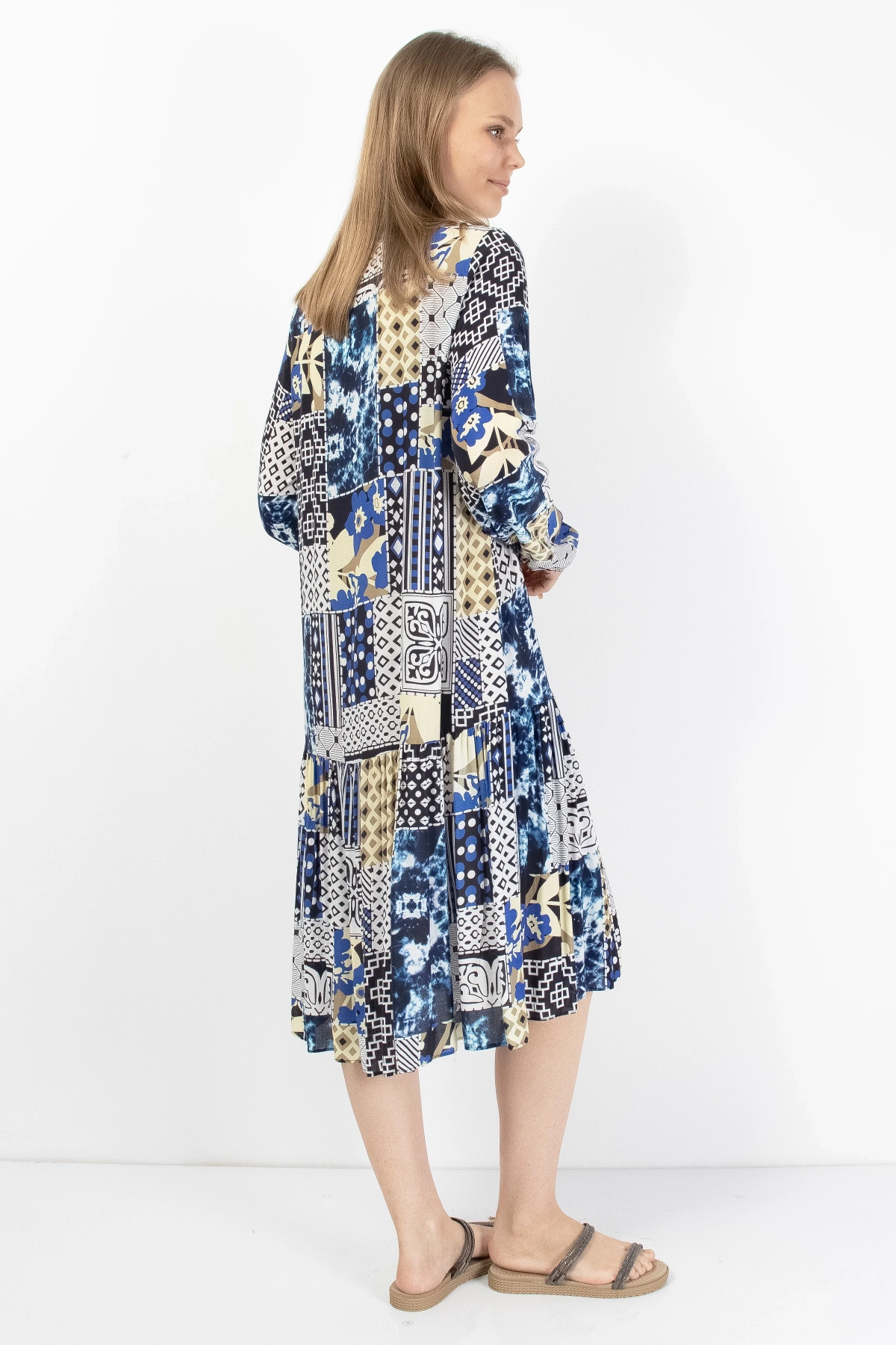 Mavi Gri Patchwork Düğmeli Kadın Midi Elbise