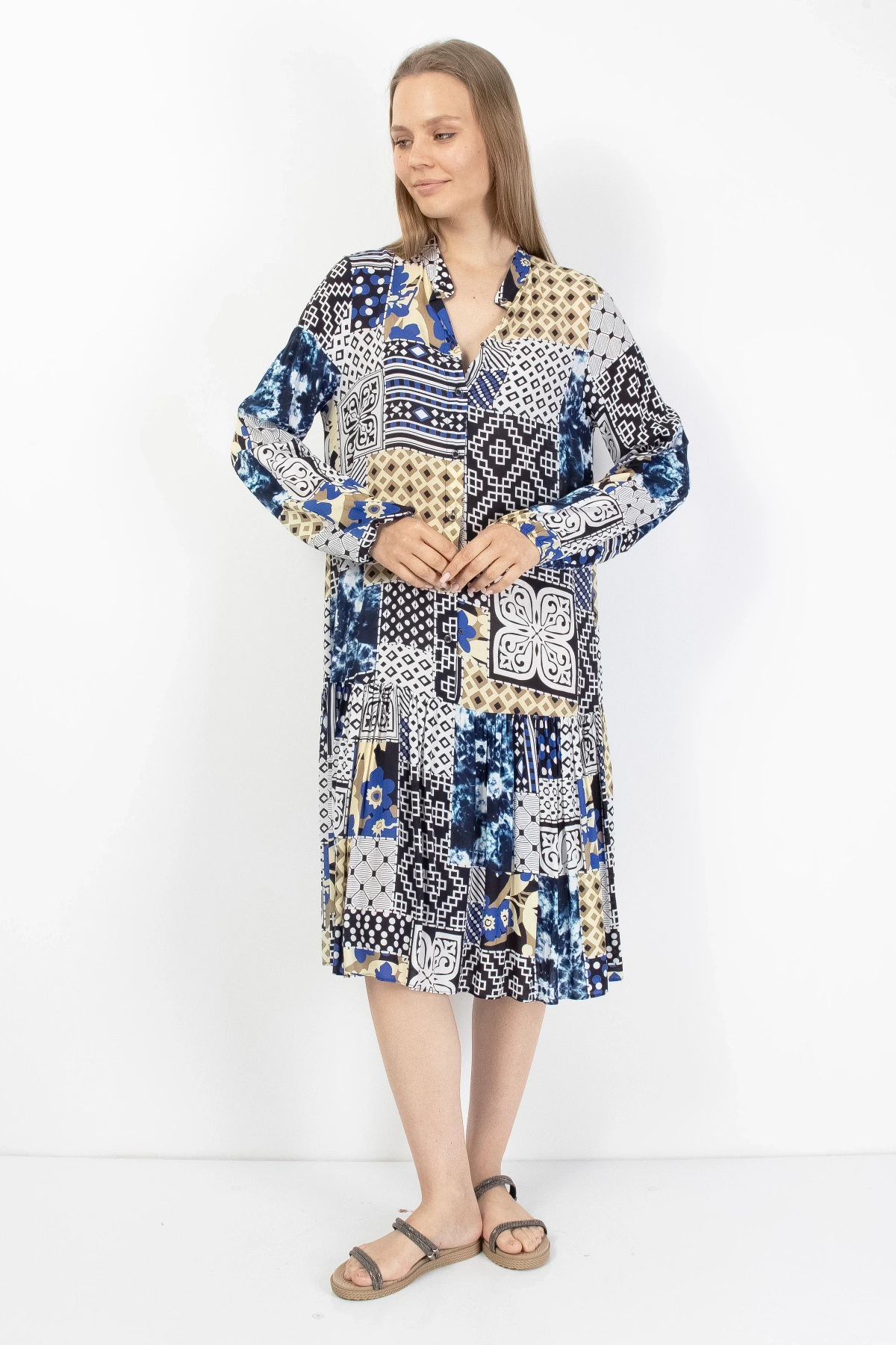 Mavi Gri Patchwork Düğmeli Kadın Midi Elbise