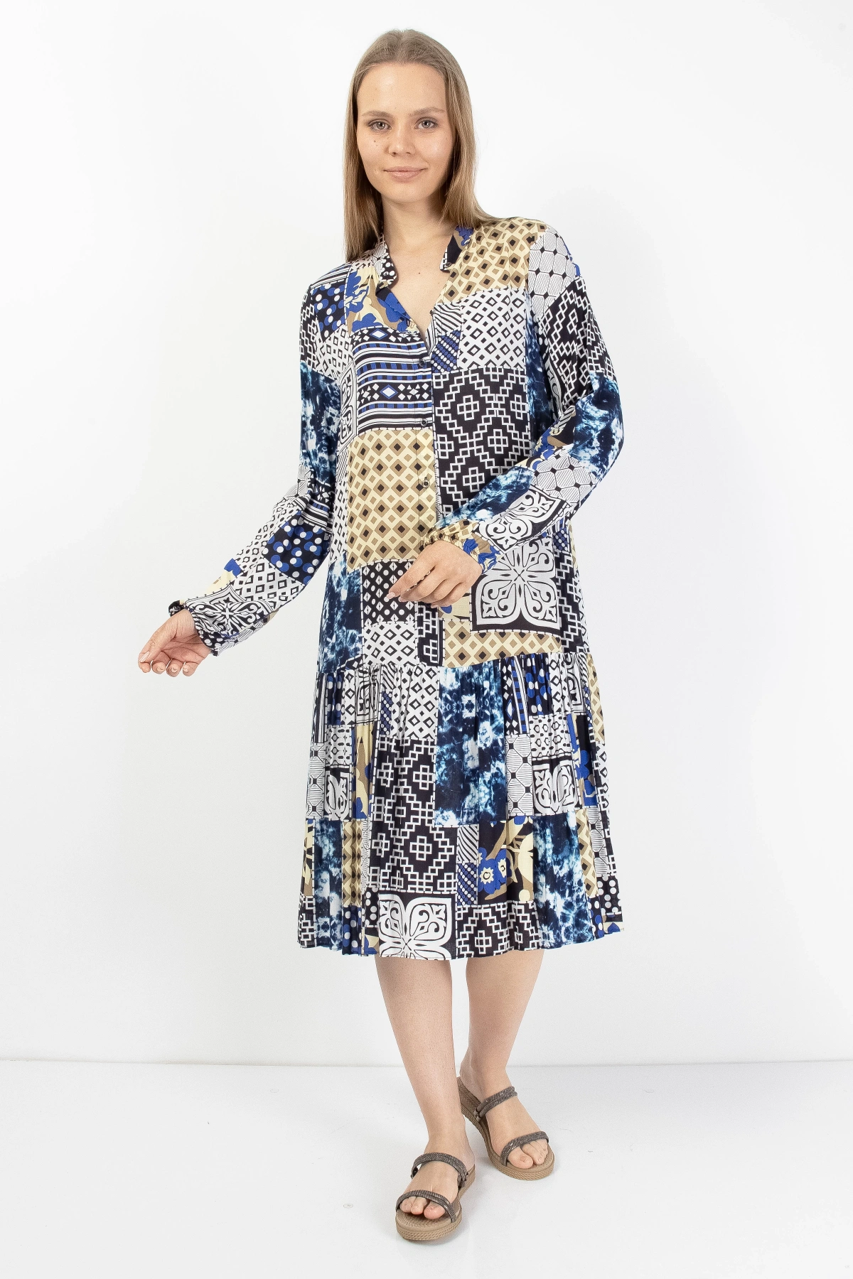 Mavi Gri Patchwork Düğmeli Kadın Midi Elbise