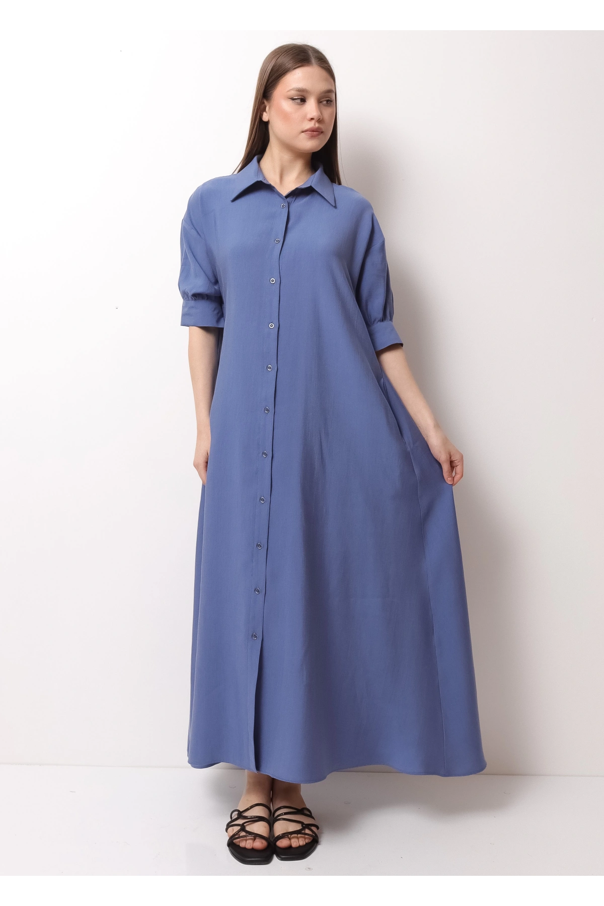 Mavi Yarım Kol Kadın Midi Elbise