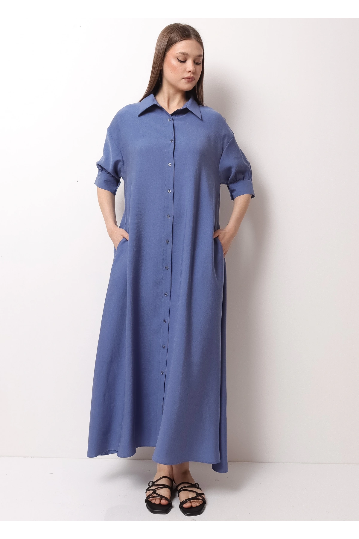 Mavi Yarım Kol Kadın Midi Elbise